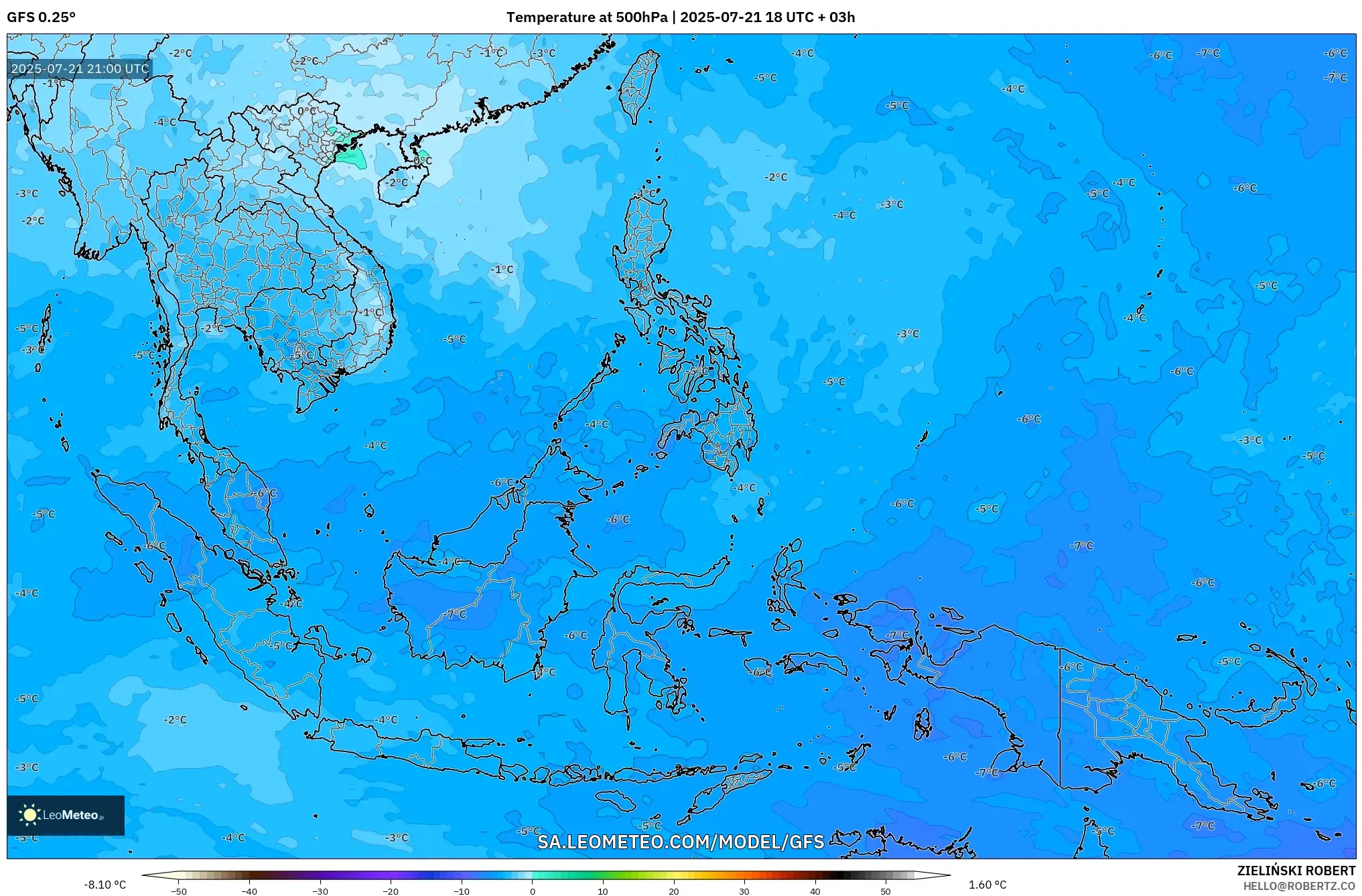 GFS model - South East Asia, Temperature at 500hPa GFS model - South East Asia, Temperature at 500hPa