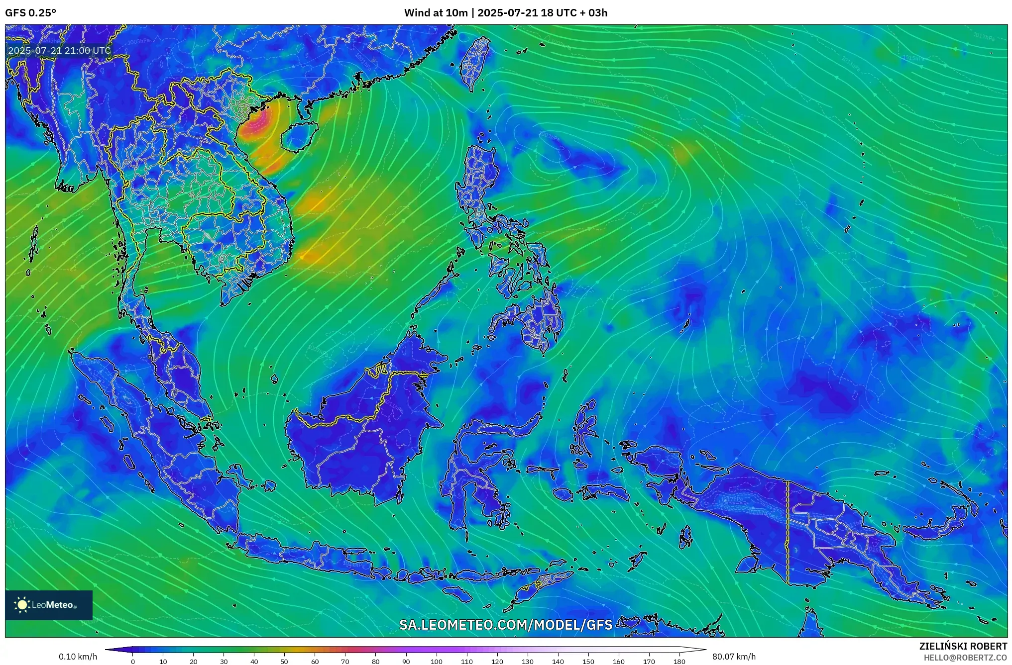 GFS model - South East Asia, Wind at 10m