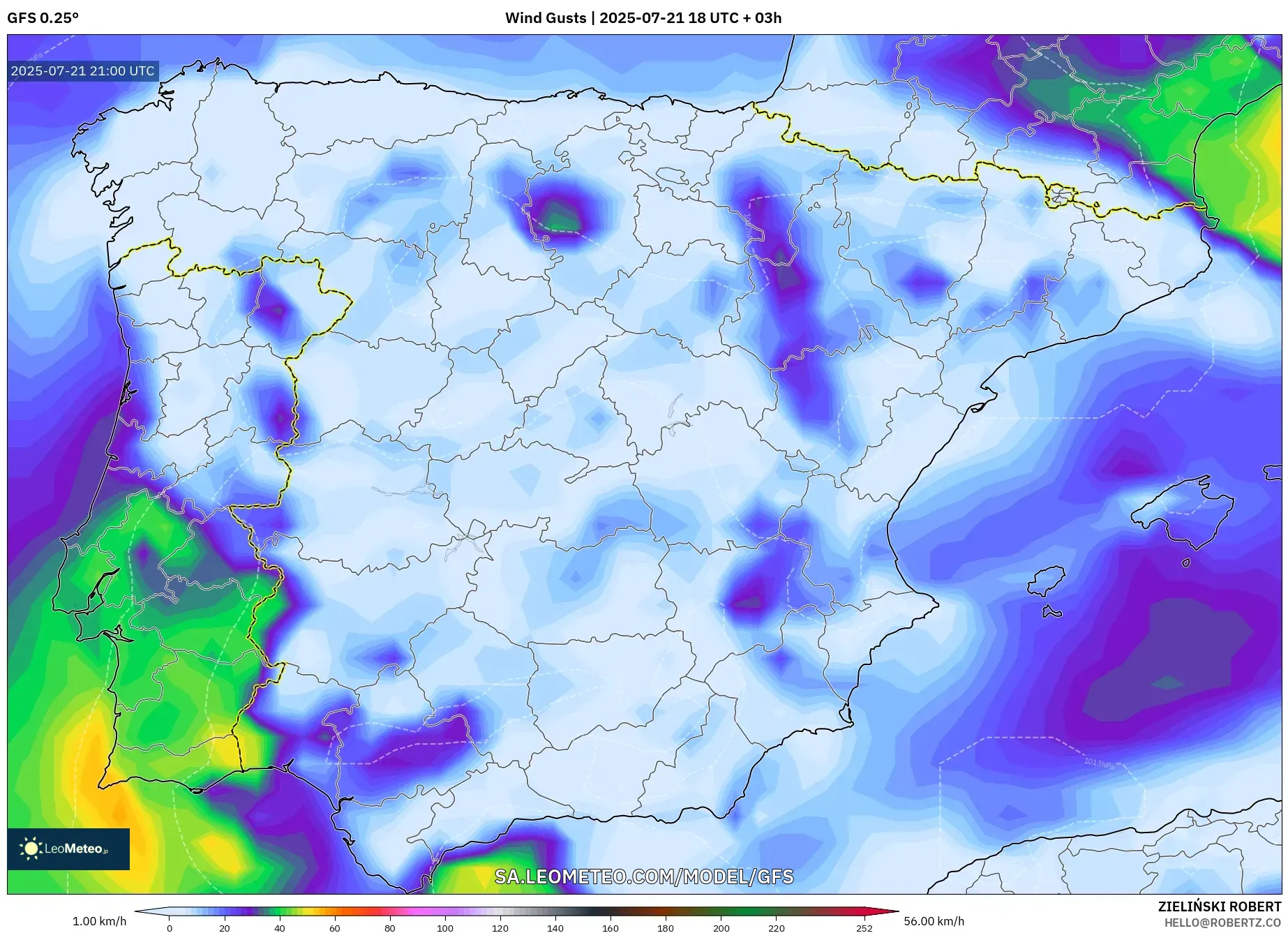 GFS model - Spain, Wind Gusts GFS model - Spain, Wind Gusts