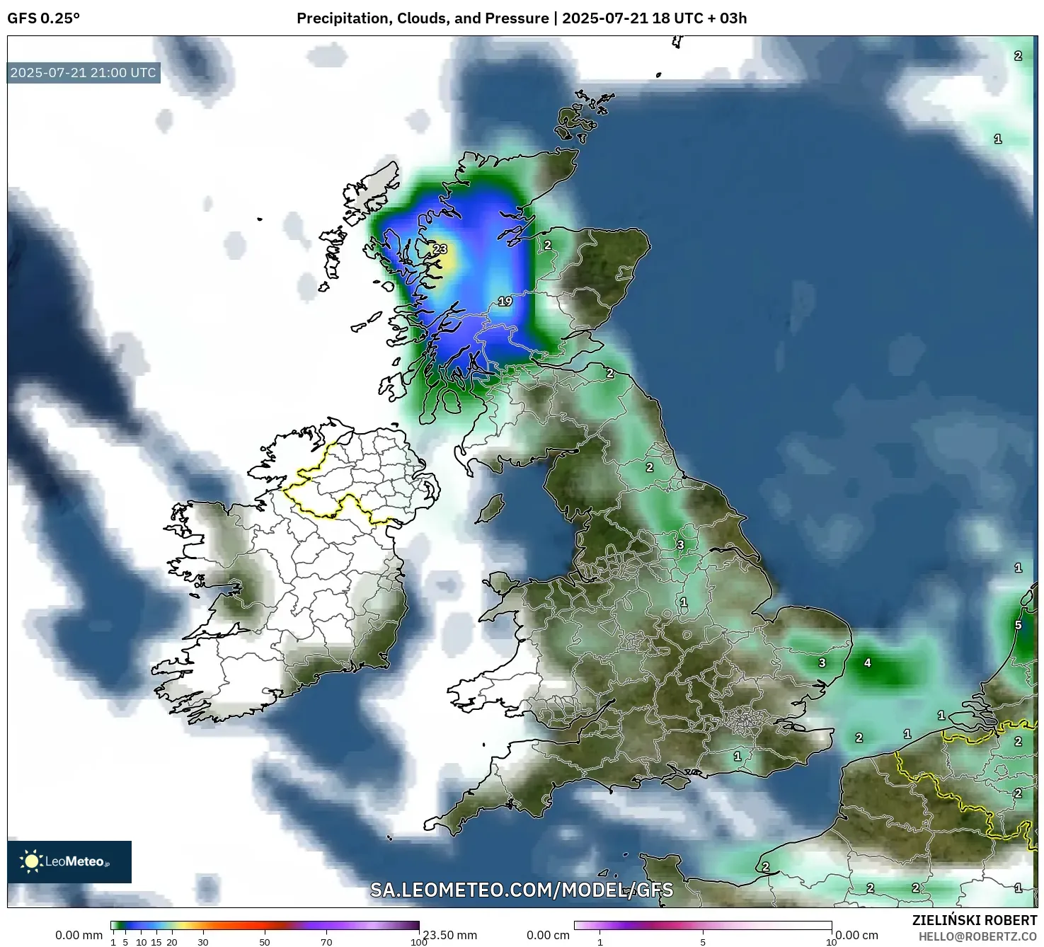 GFS model - United Kingdom, Precipitation, Clouds, and Pressure GFS model - United Kingdom, Precipitation, Clouds, and Pressure