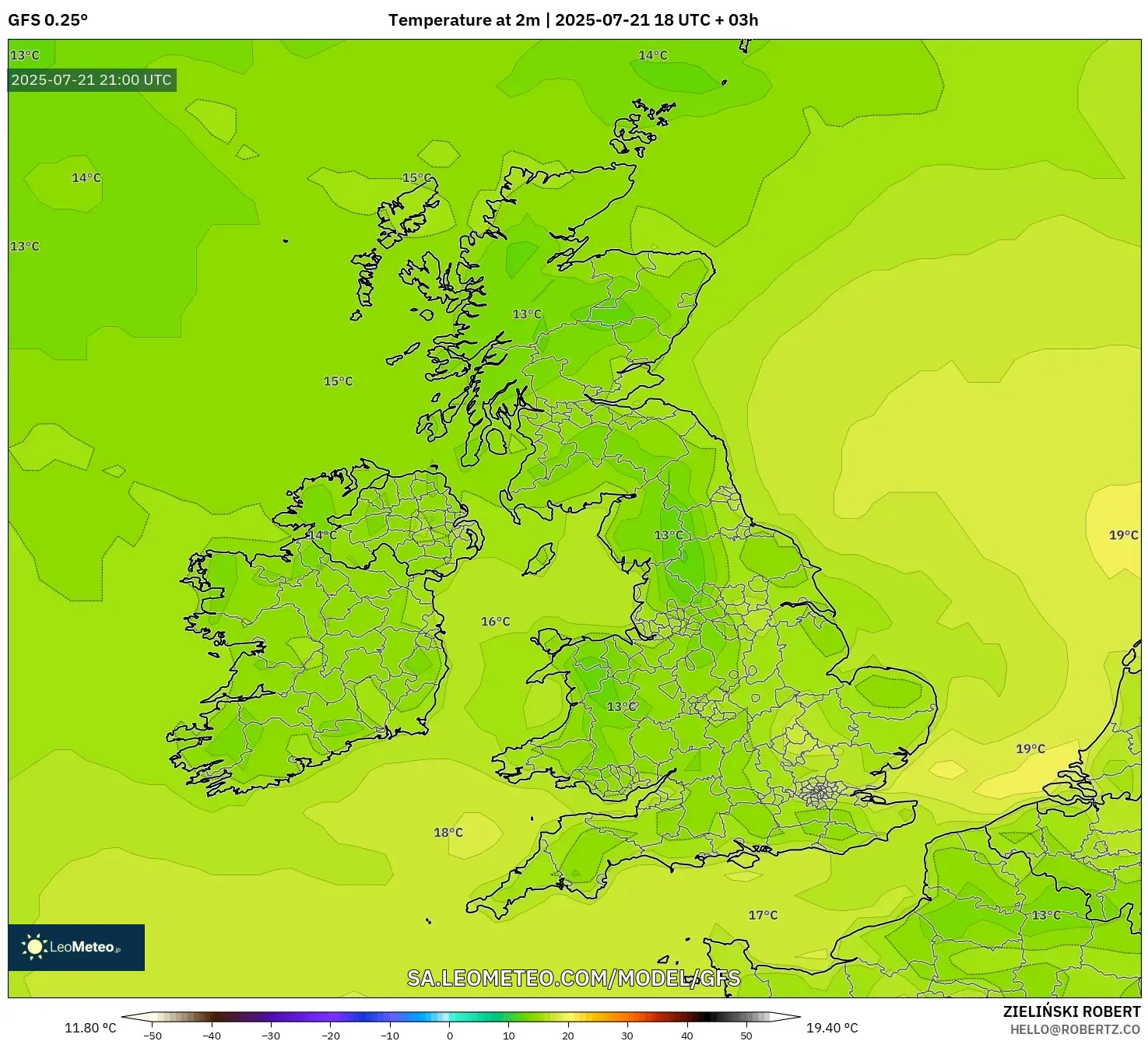 GFS model - United Kingdom, Temperature at 2m