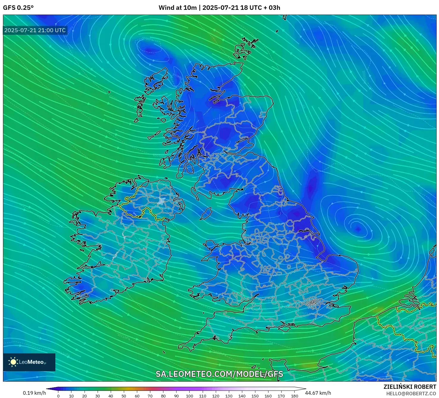 GFS model - United Kingdom, Wind at 10m GFS model - United Kingdom, Wind at 10m