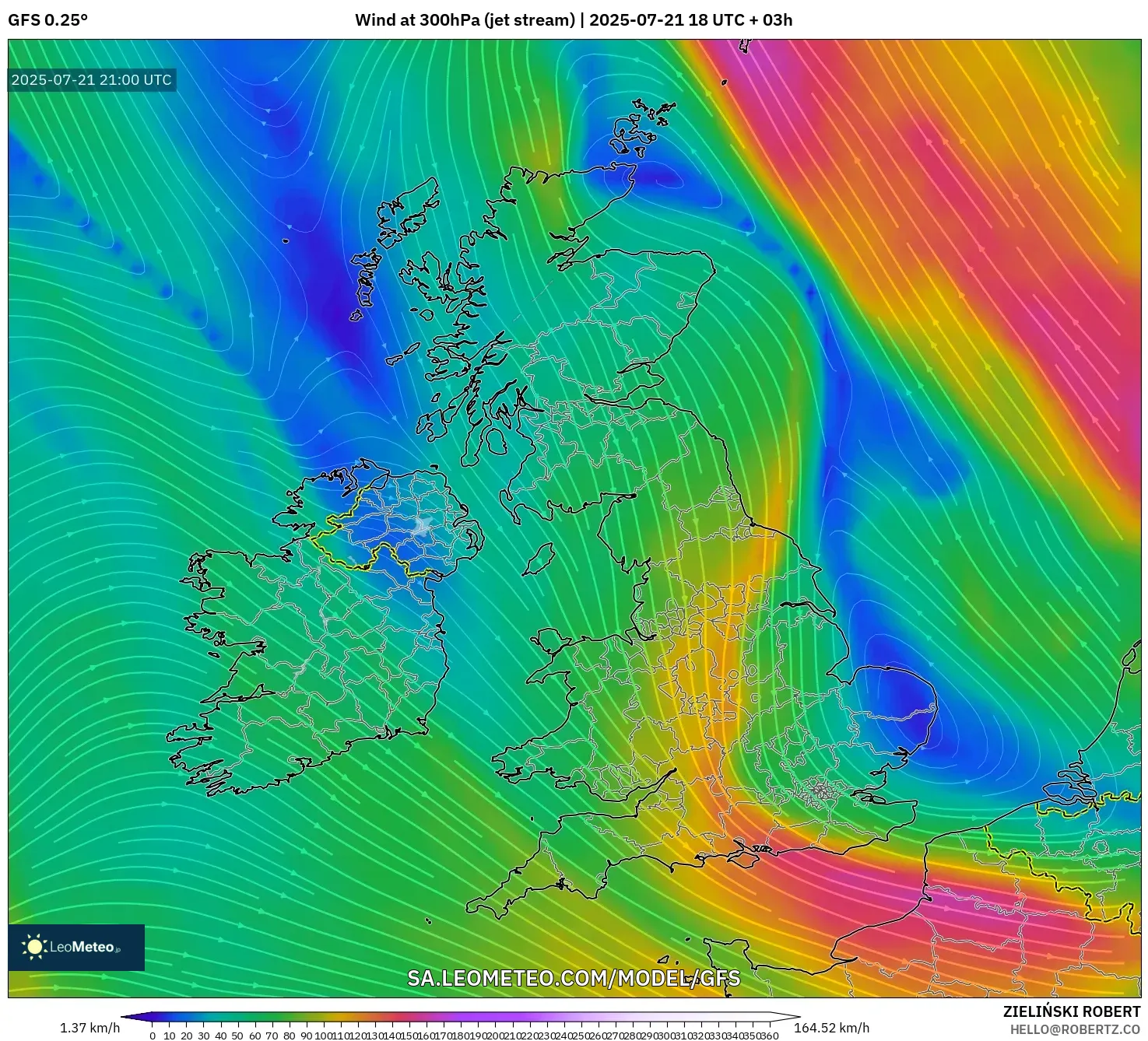 GFS model - United Kingdom, Wind at 300hPa (jet stream)