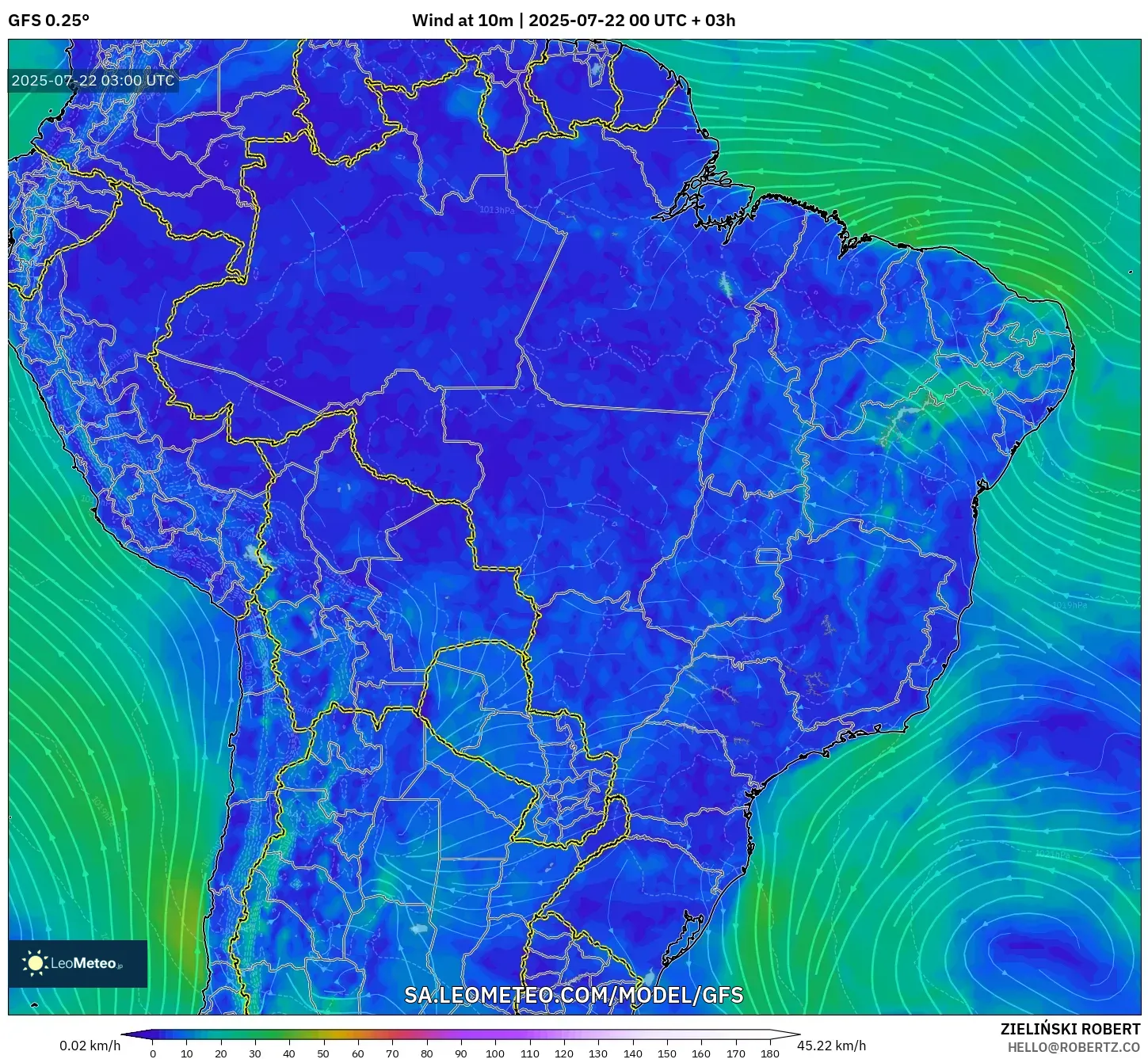 GFS model - Brazil, Wind at 10m GFS model - Brazil, Wind at 10m