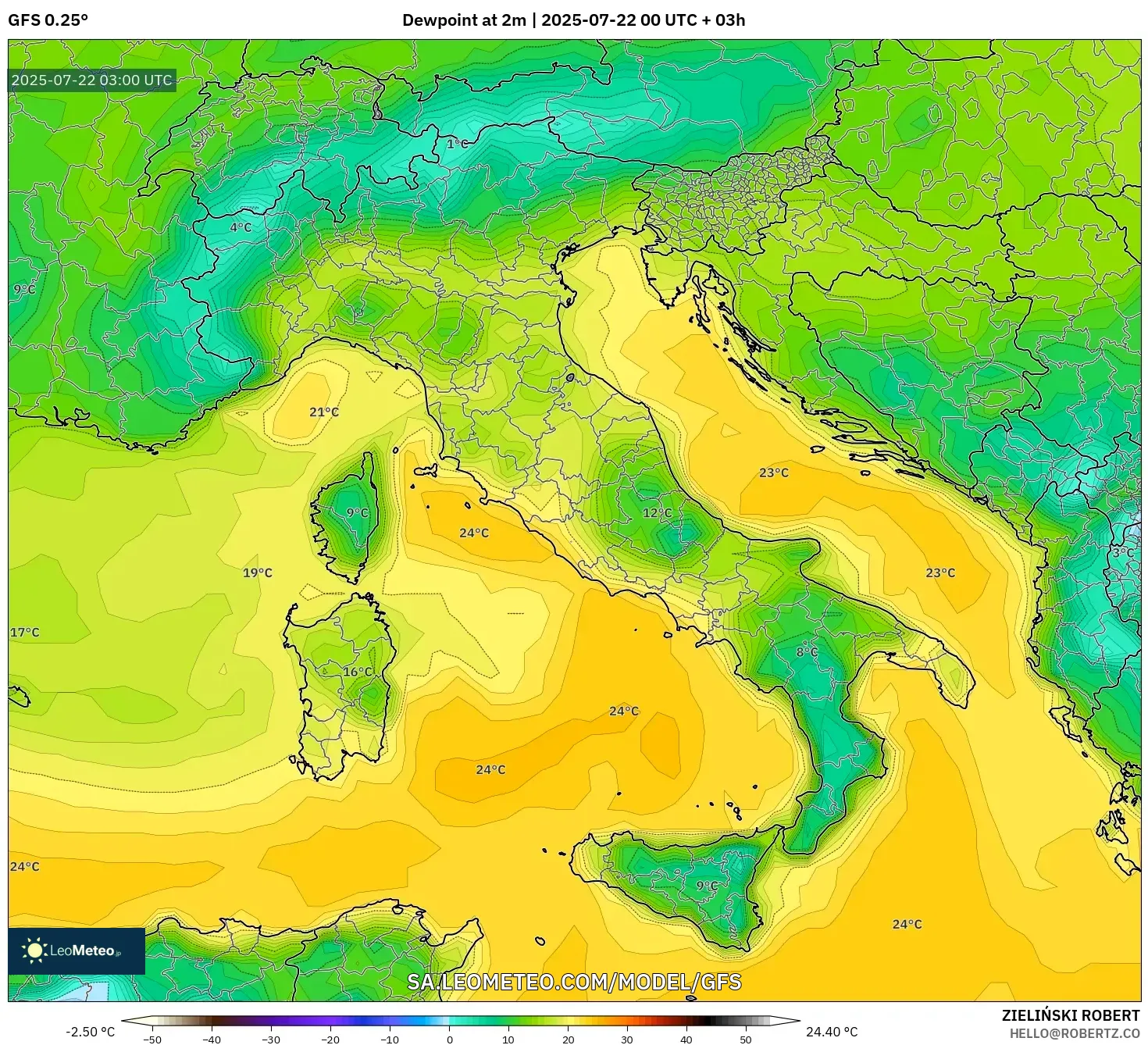 GFS model - Italy, Dewpoint at 2m GFS model - Italy, Dewpoint at 2m
