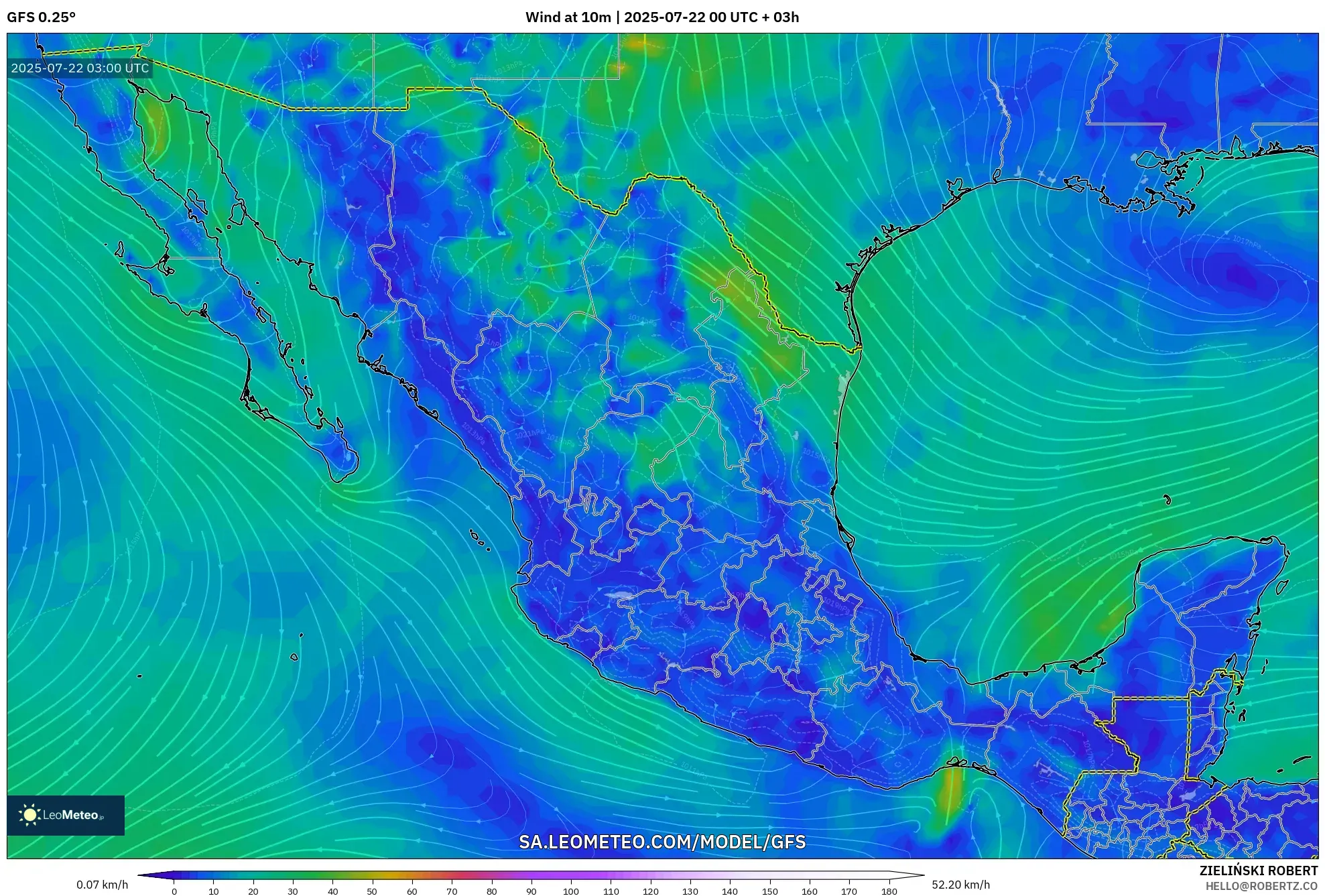 GFS model - Mexico, Wind at 10m GFS model - Mexico, Wind at 10m