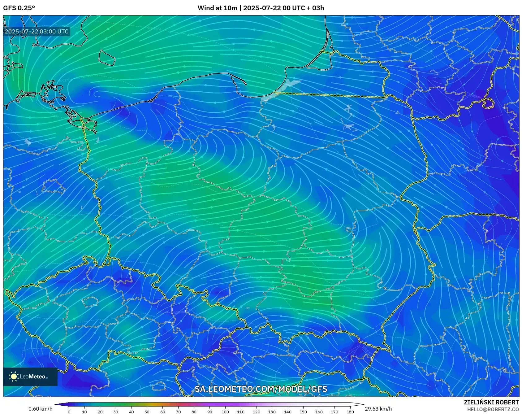 GFS model - Poland, Wind at 10m GFS model - Poland, Wind at 10m