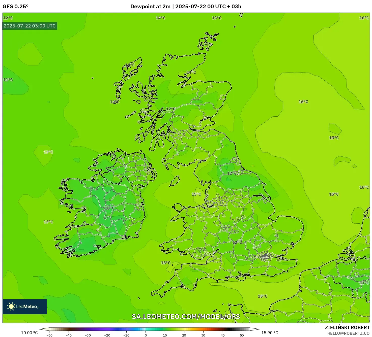 GFS model - United Kingdom, Dewpoint at 2m