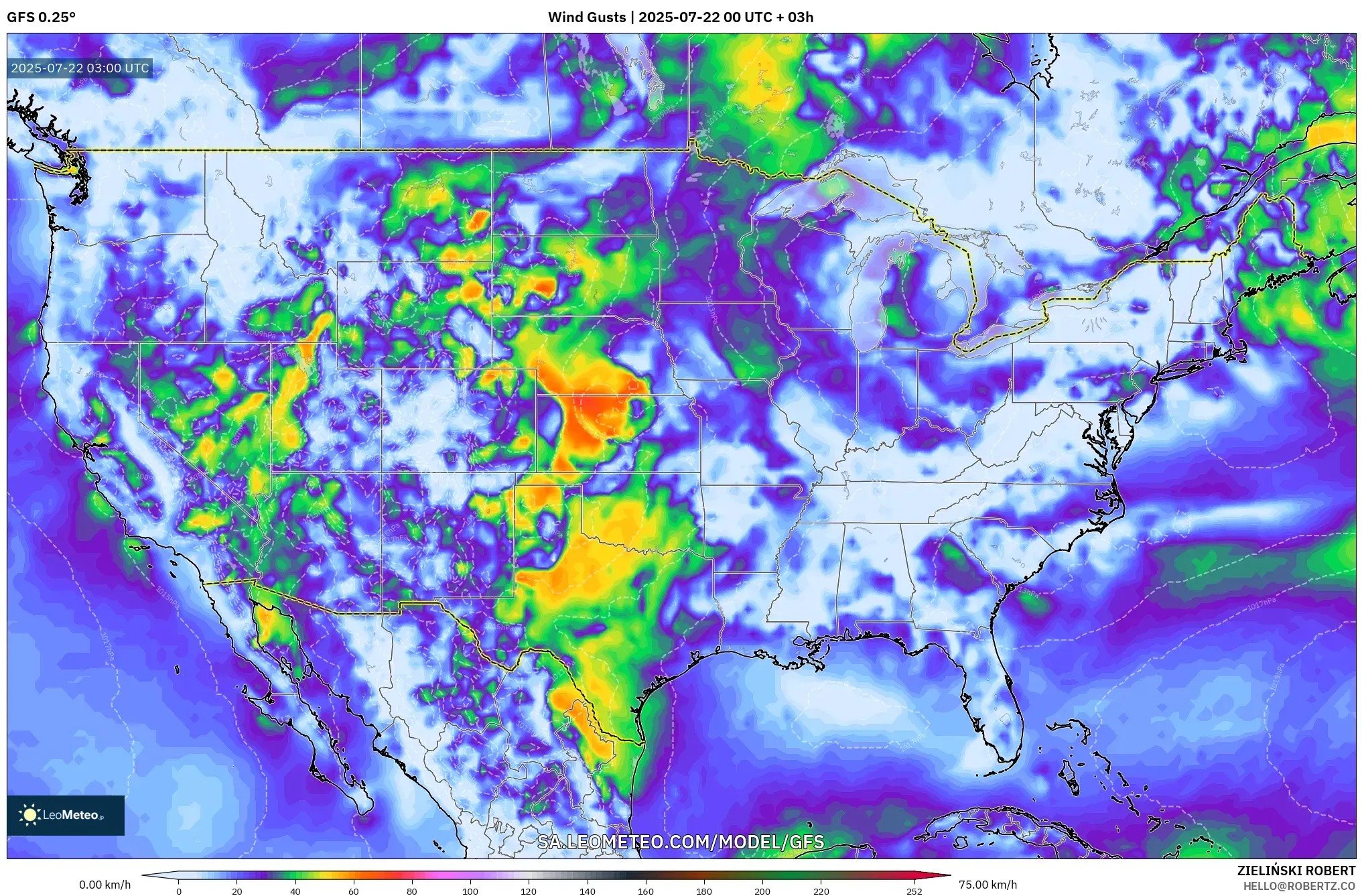 GFS model - United States, Wind Gusts GFS model - United States, Wind Gusts