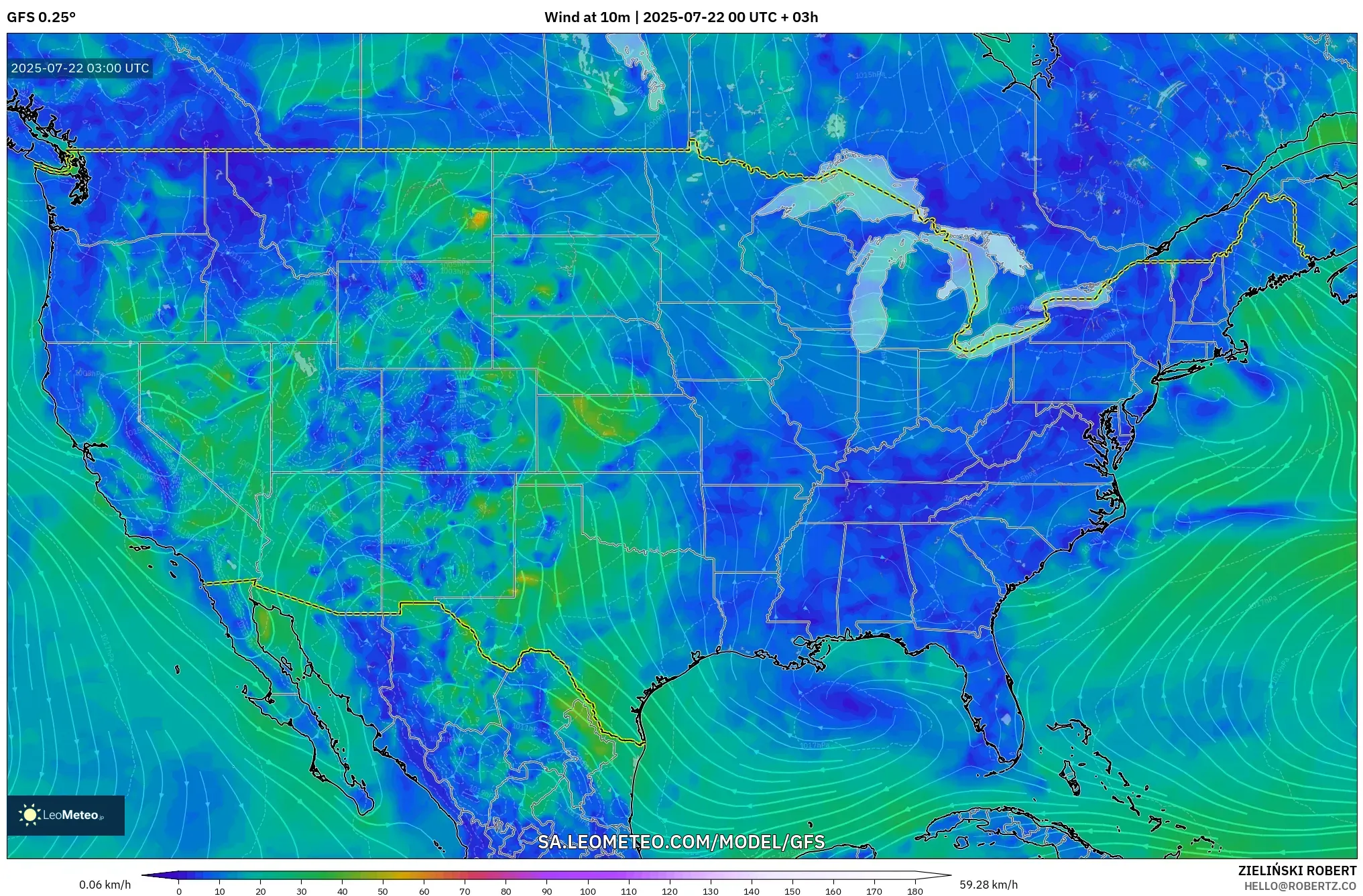 GFS model - United States, Wind at 10m GFS model - United States, Wind at 10m
