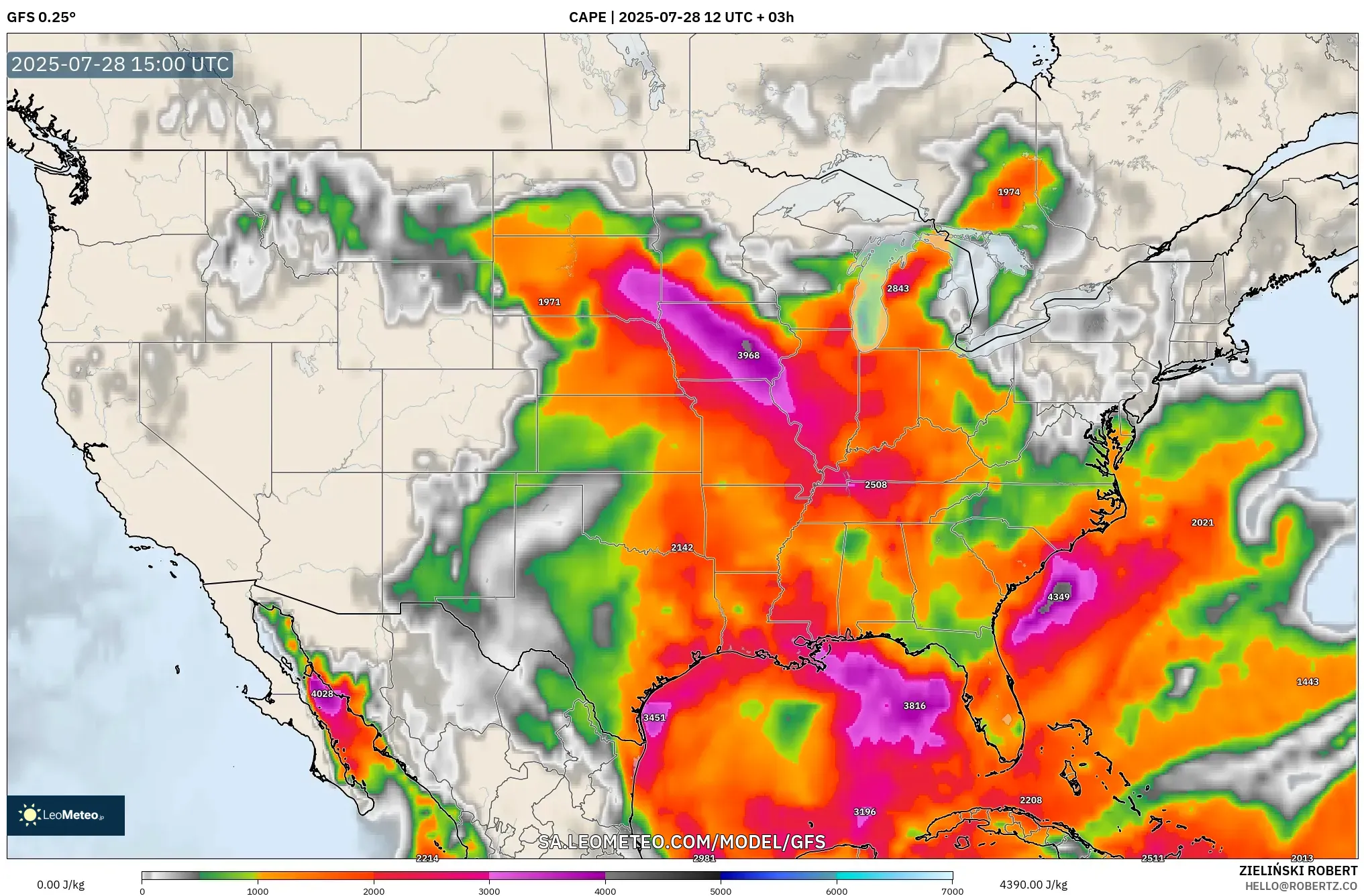 GFS model - United States, CAPE