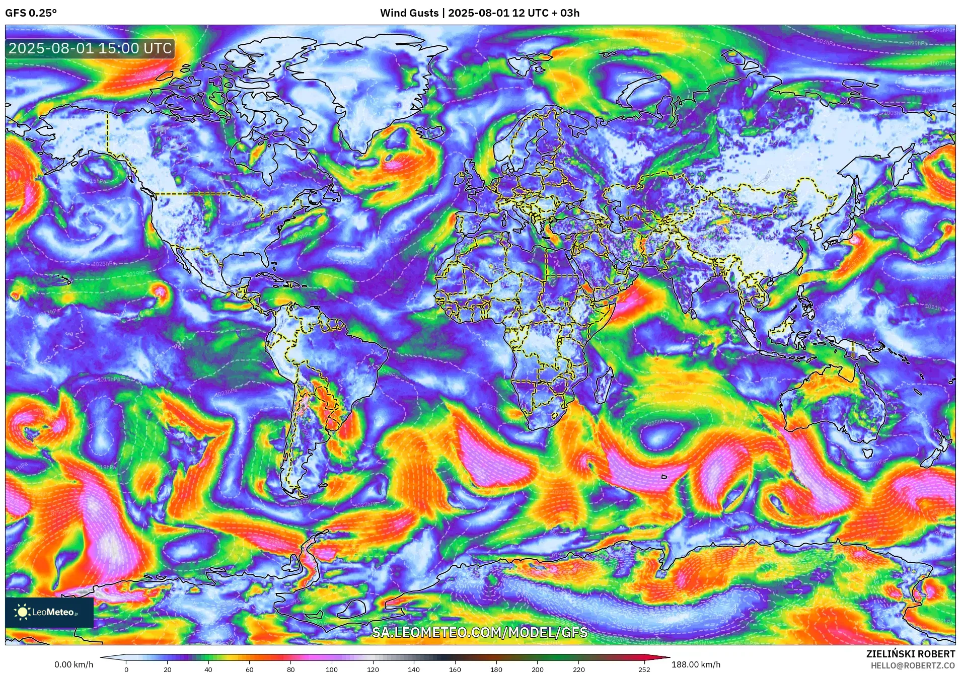 GFS model - World, Wind Gusts GFS model - World, Wind Gusts