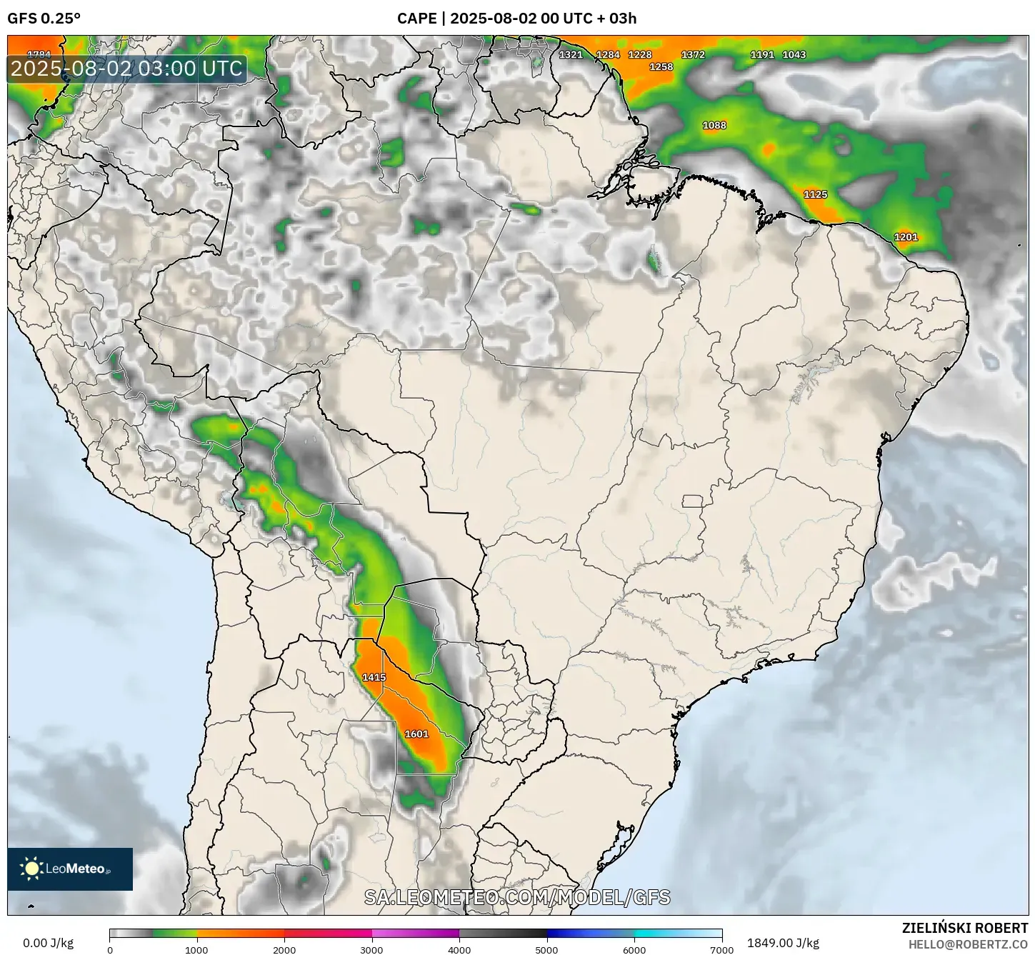 GFS model - Brazil, CAPE GFS model - Brazil, CAPE