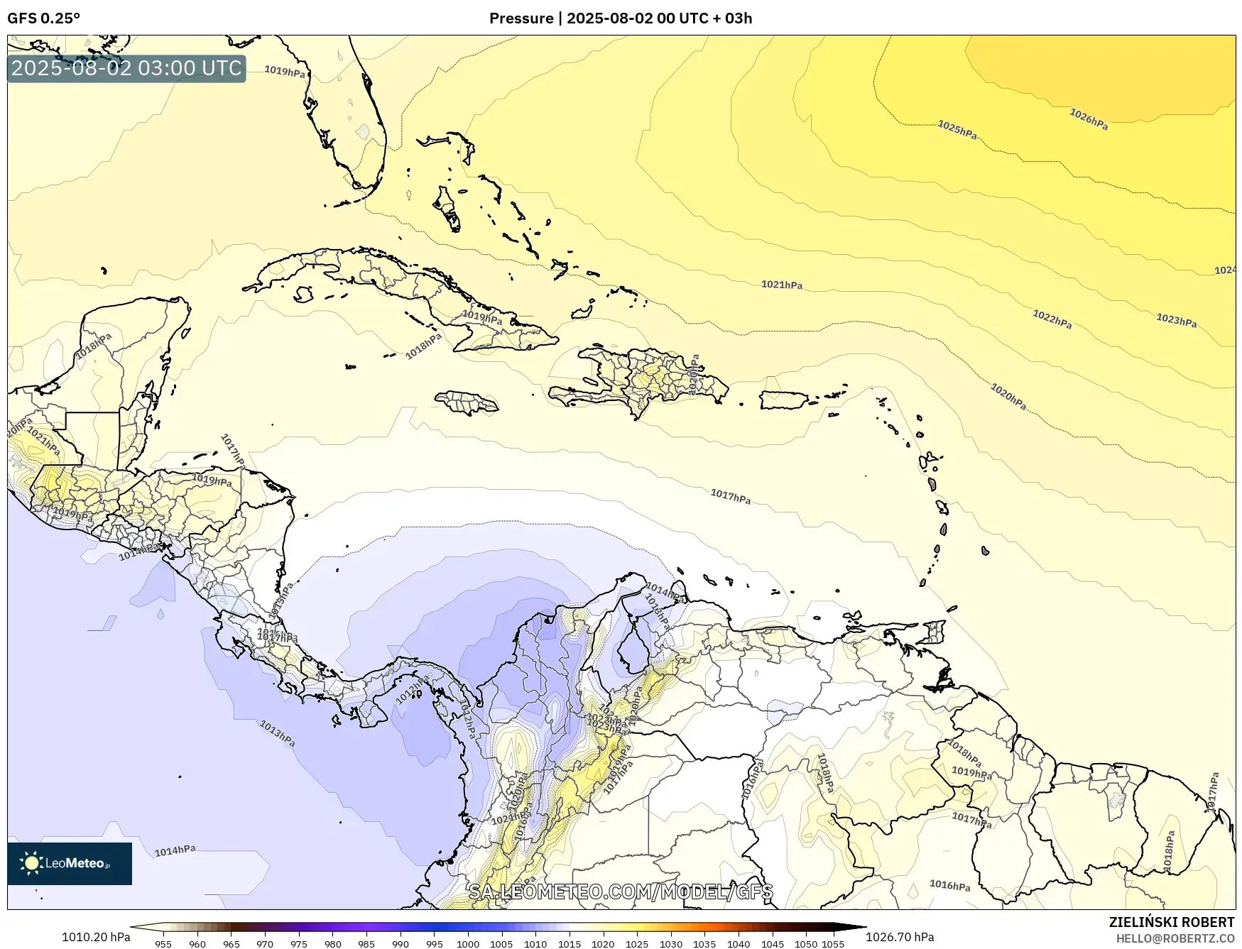 GFS model - Caribbean, Pressure GFS model - Caribbean, Pressure