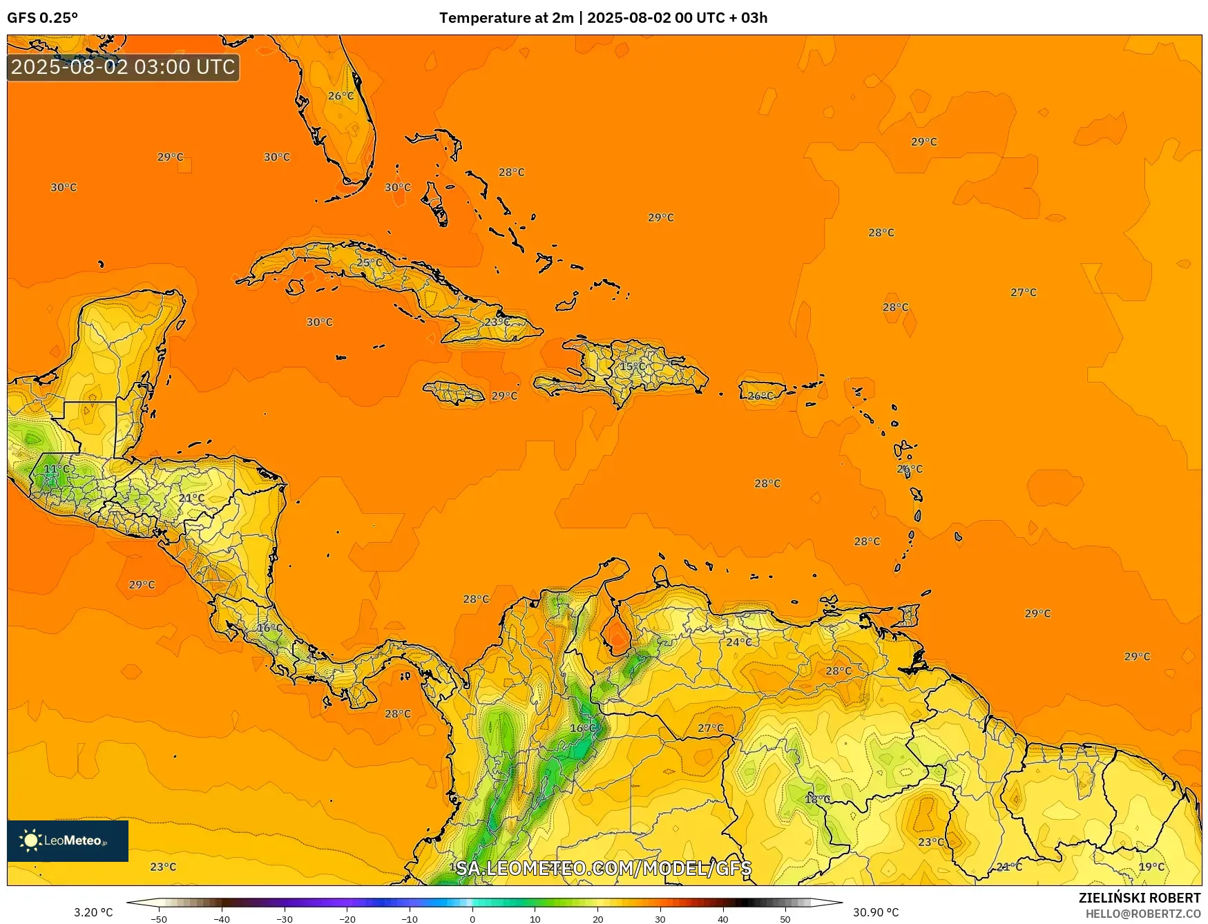 GFS model - Caribbean, Temperature at 2m GFS model - Caribbean, Temperature at 2m