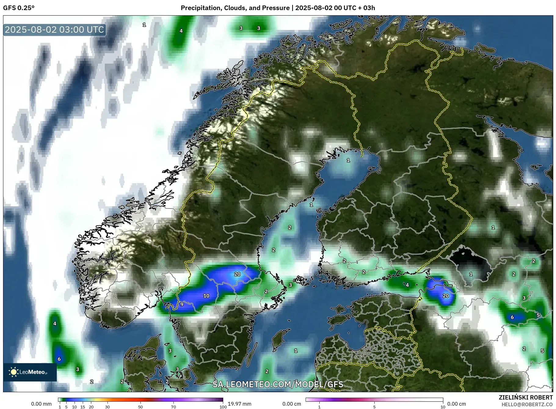 GFS model - Skandinavia, Curah Hujan, Awan, dan Tekanan GFS model - Skandinavia, Curah Hujan, Awan, dan Tekanan