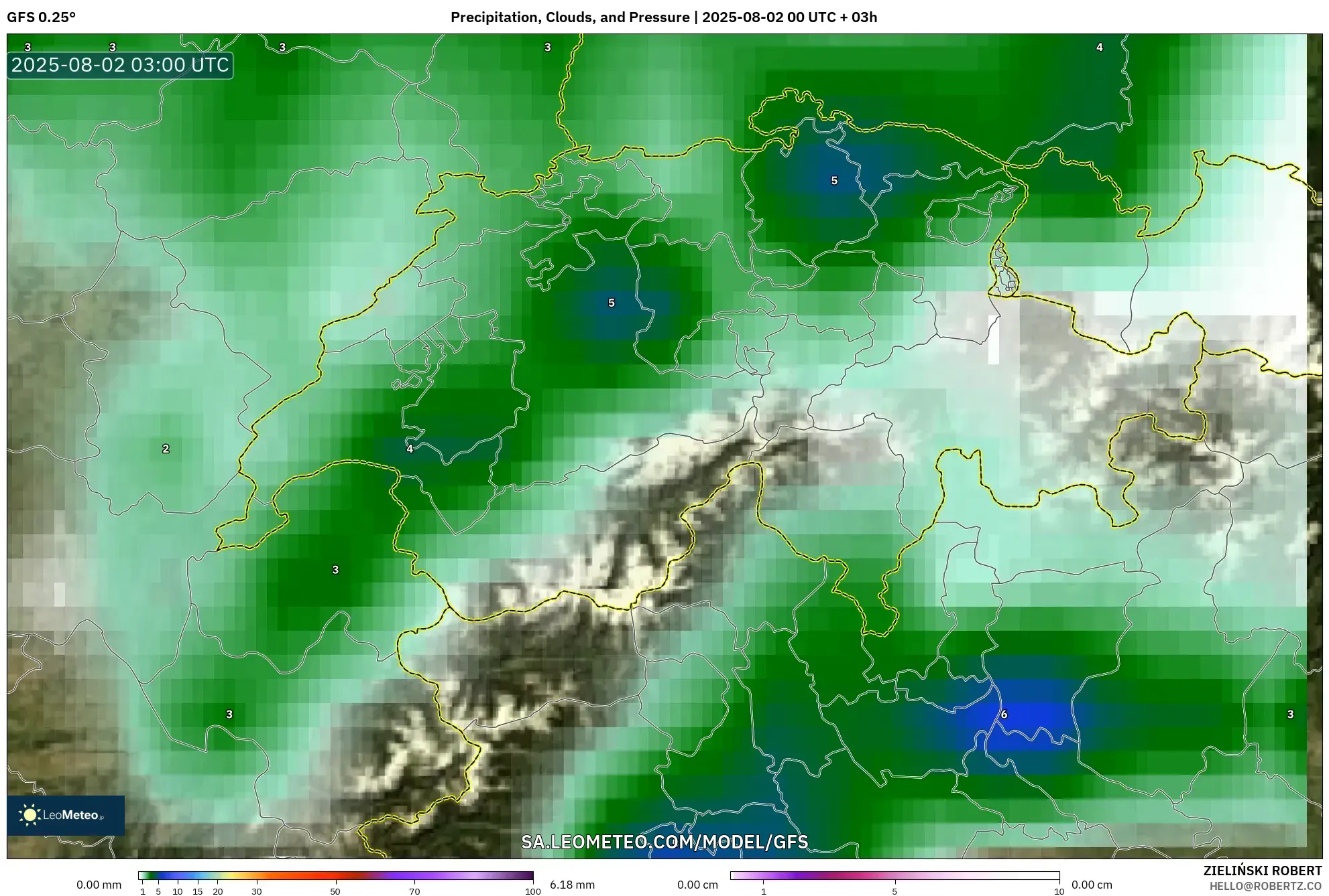 GFS model - Swiss, Curah Hujan, Awan, dan Tekanan
