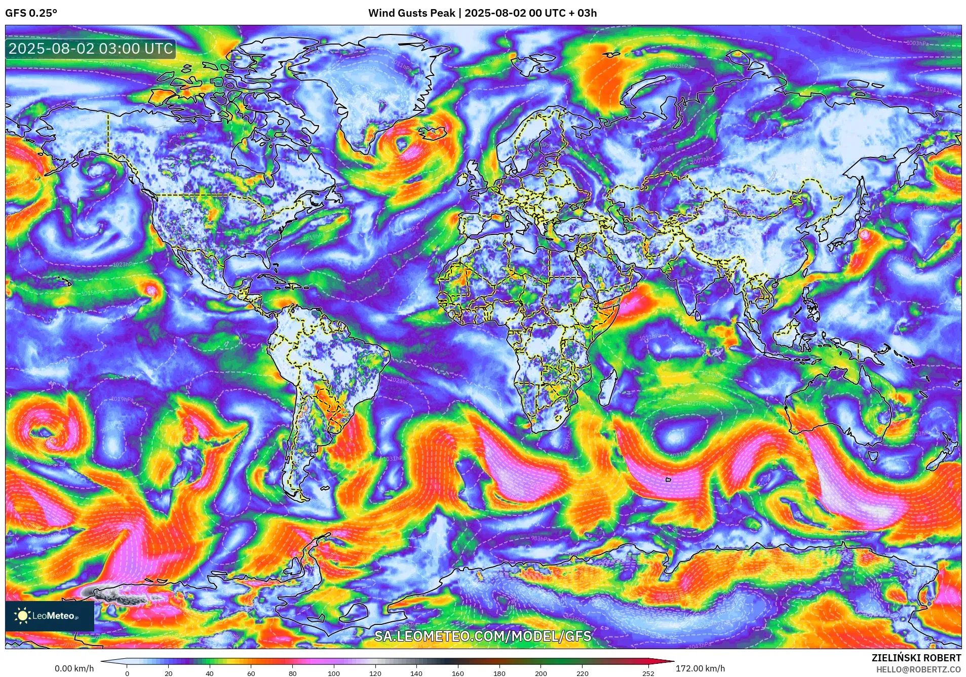 GFS model - World, Wind Gusts Peak GFS model - World, Wind Gusts Peak