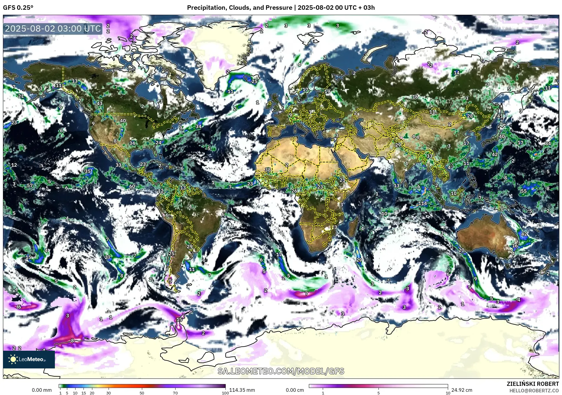GFS model - World, Precipitation, Clouds, and Pressure GFS model - World, Precipitation, Clouds, and Pressure