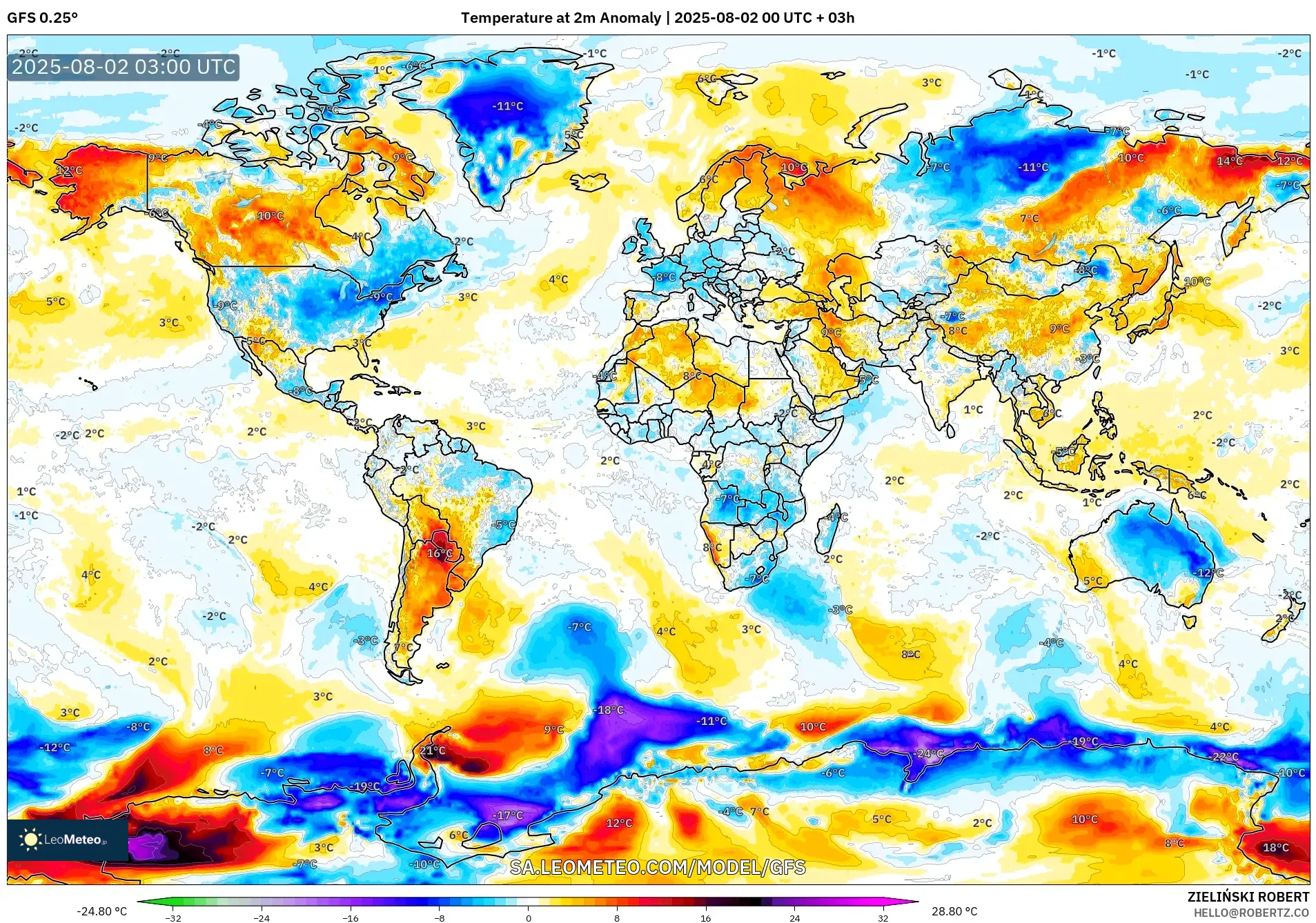GFS model - World, Temperature at 2m Anomaly