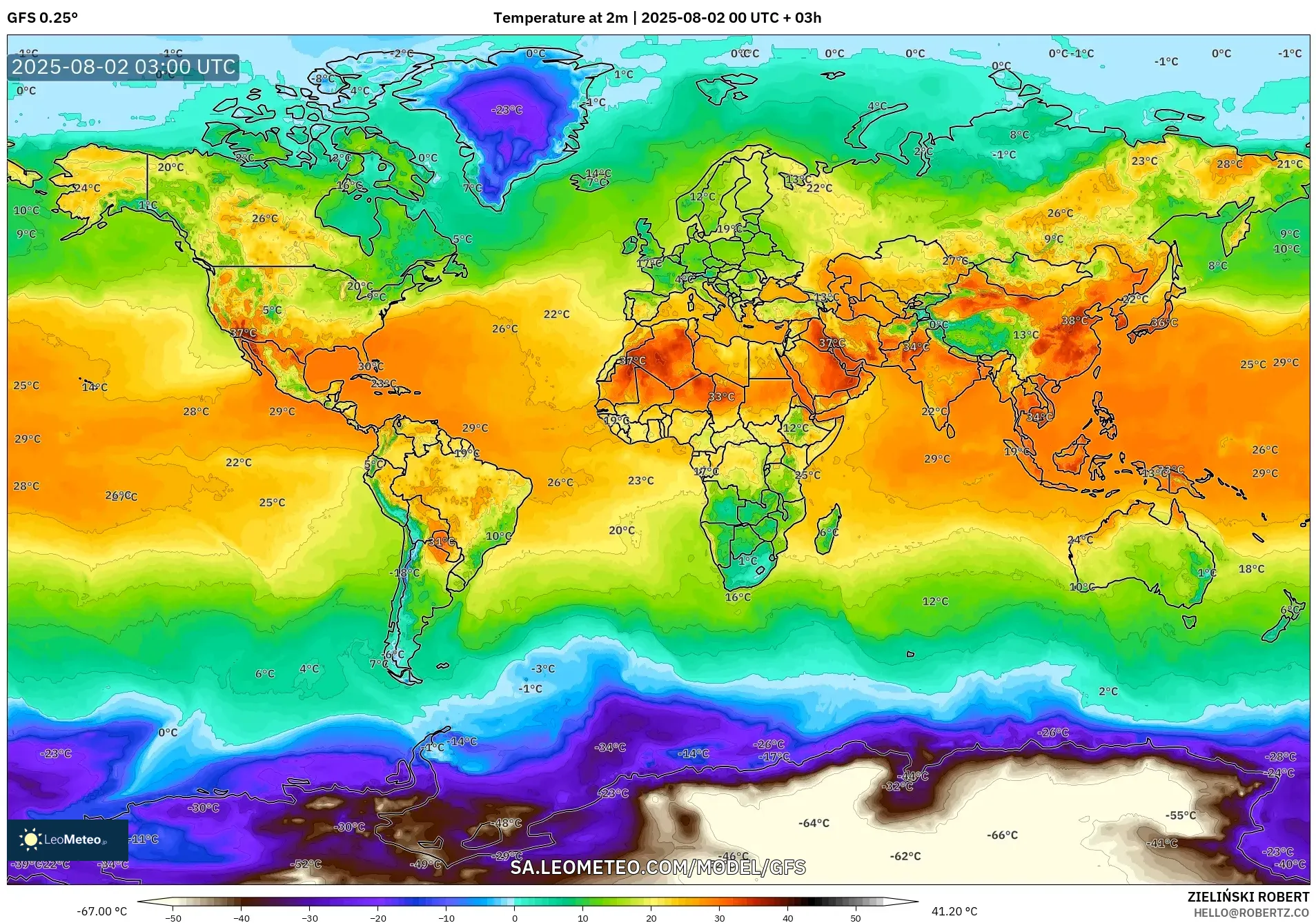 GFS model - World, Temperature at 2m GFS model - World, Temperature at 2m