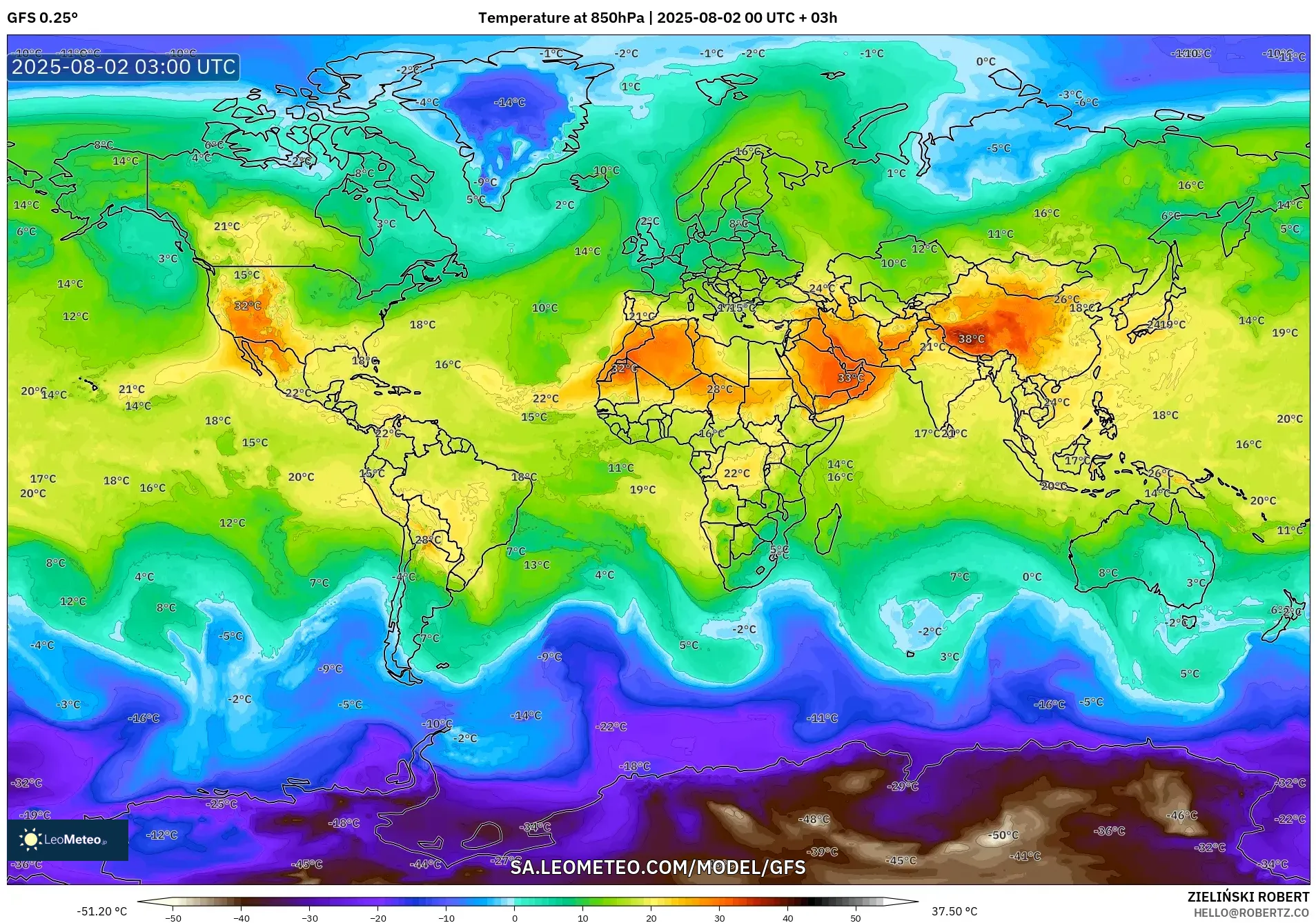 GFS model - World, Temperature at 850hPa GFS model - World, Temperature at 850hPa