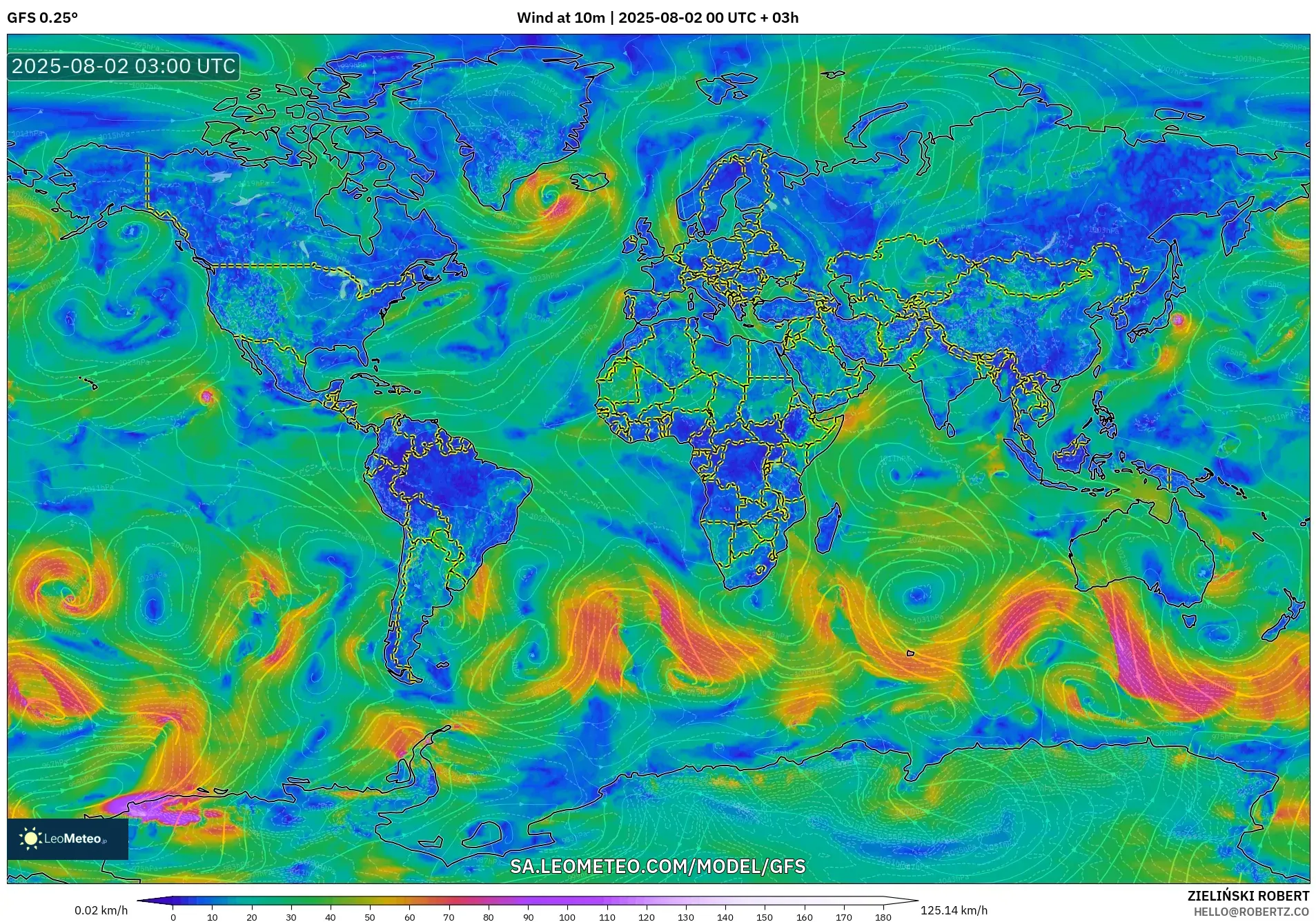 GFS model - World, Wind at 10m GFS model - World, Wind at 10m