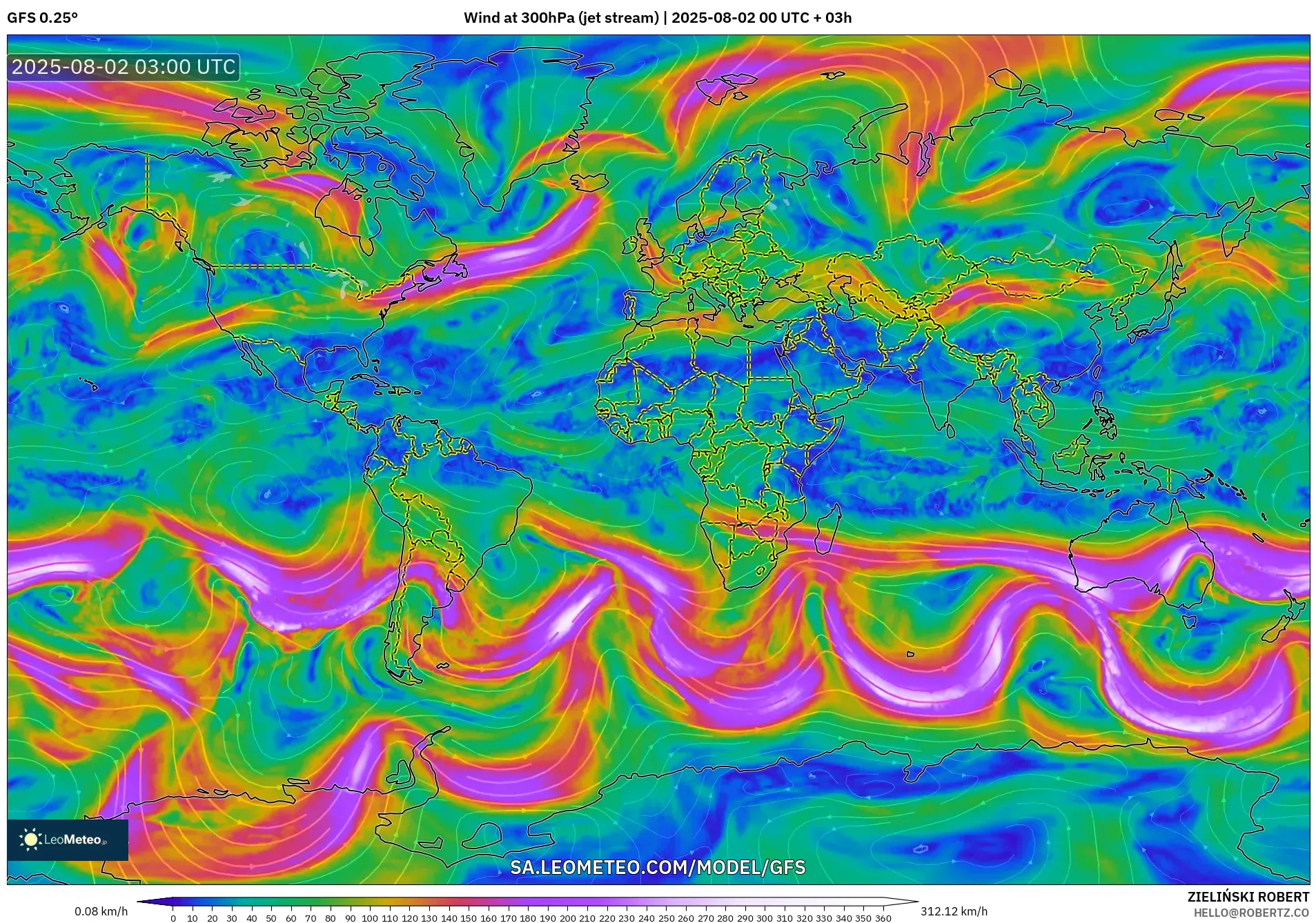 GFS model - World, Wind at 300hPa (jet stream)
