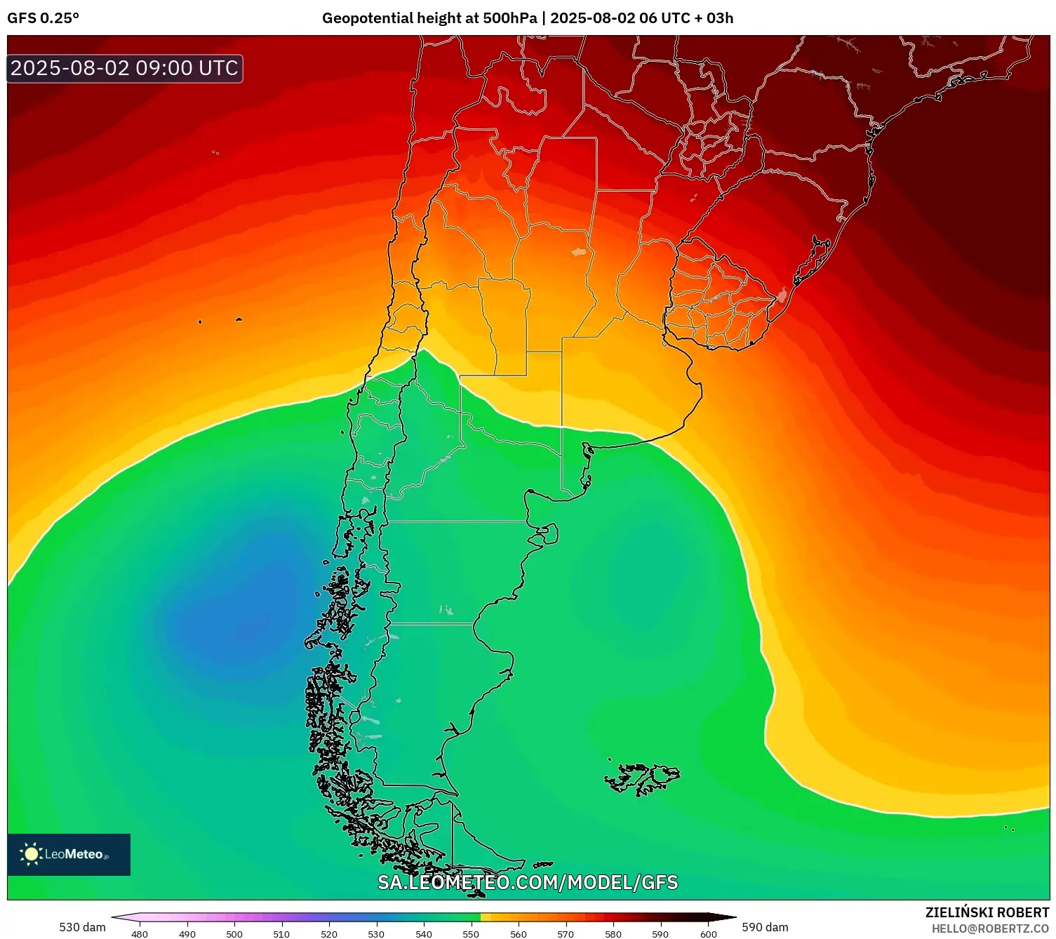 GFS model - Argentina, Ketinggian geopotensial pada 500 hPa GFS model - Argentina, Ketinggian geopotensial pada 500 hPa