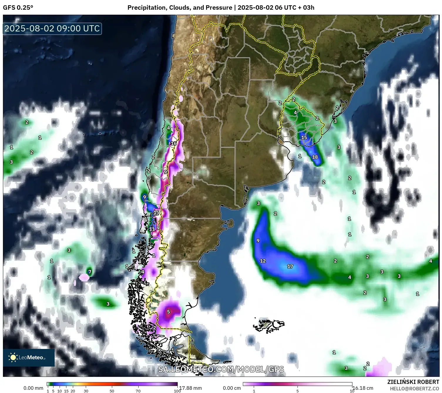 GFS model - Argentina, Curah Hujan, Awan, dan Tekanan GFS model - Argentina, Curah Hujan, Awan, dan Tekanan
