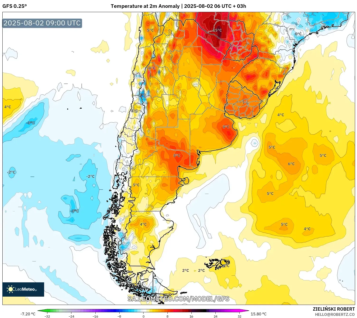 GFS model - Argentina, Anomali Suhu 2 m GFS model - Argentina, Anomali Suhu 2 m