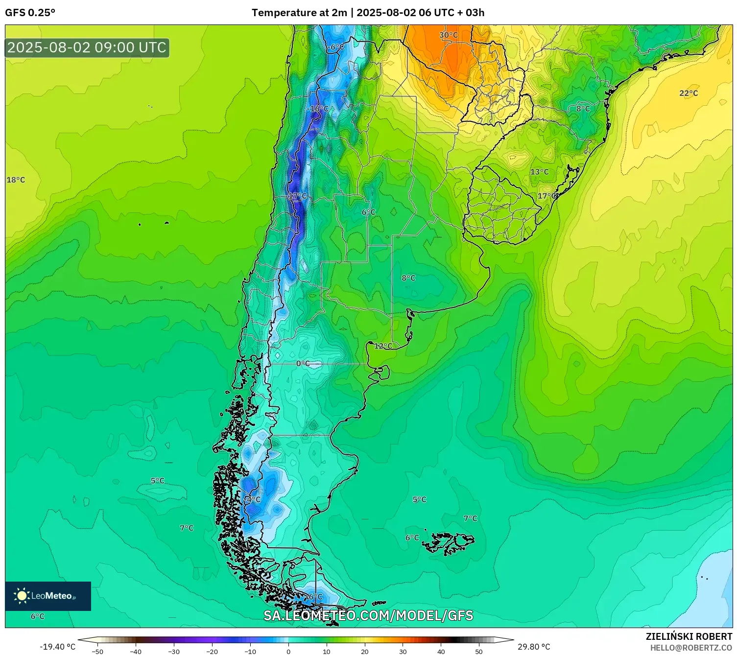 GFS model - Argentina, Suhu 2 m GFS model - Argentina, Suhu 2 m