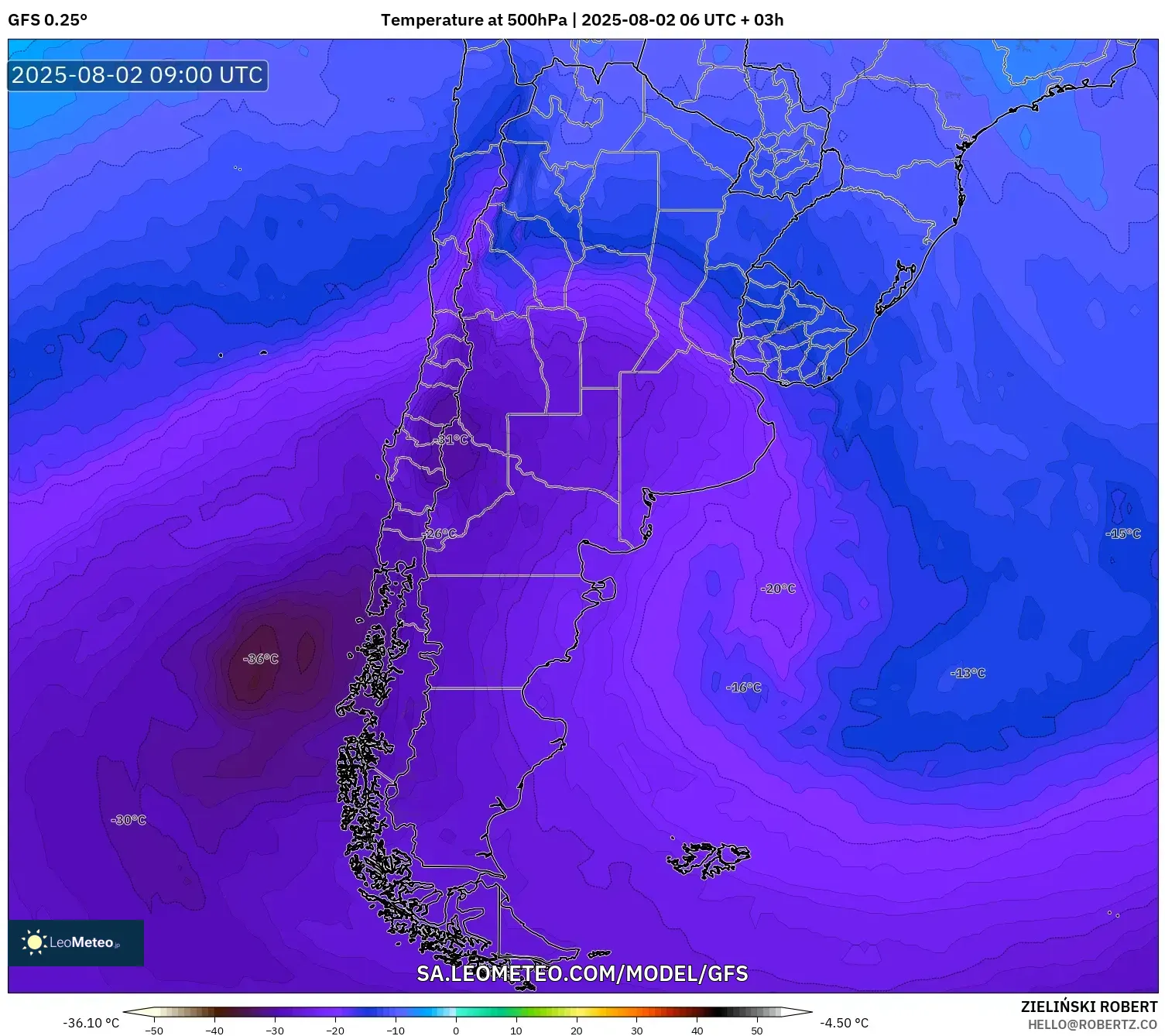 GFS model - Argentina, Suhu 500 hPa GFS model - Argentina, Suhu 500 hPa