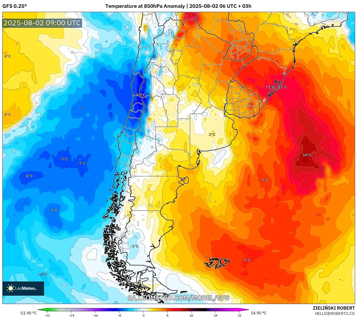 GFS model - Argentina, Anomali Suhu 850 hPa GFS model - Argentina, Anomali Suhu 850 hPa