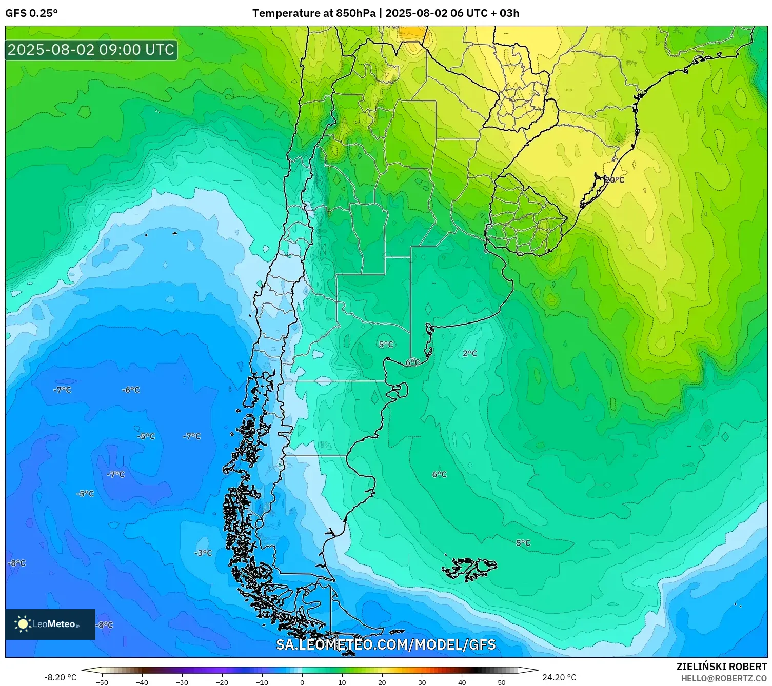 GFS model - Argentina, Suhu 850 hPa GFS model - Argentina, Suhu 850 hPa