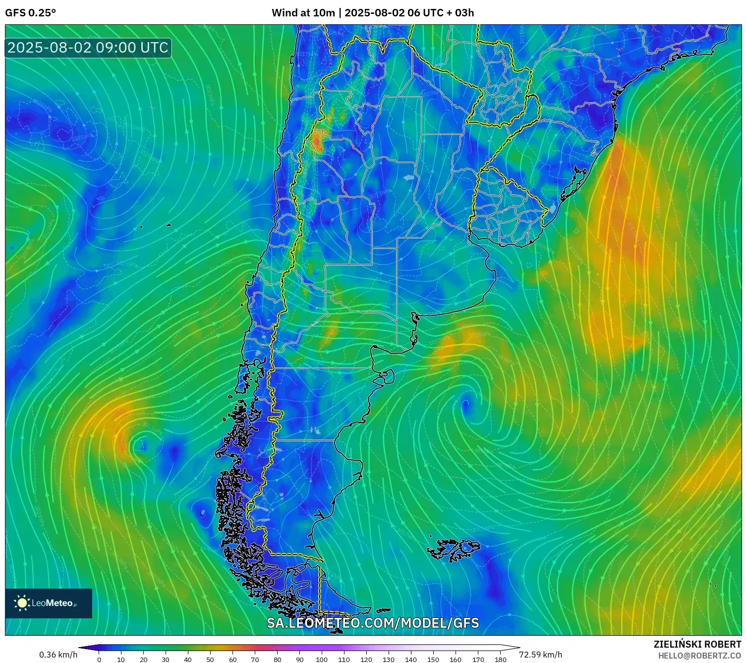 GFS model - Argentina, Angin 10 m GFS model - Argentina, Angin 10 m