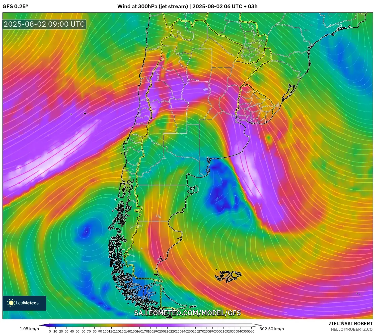 GFS model - Argentina, Angin 300 hPa (aliran jet) GFS model - Argentina, Angin 300 hPa (aliran jet)