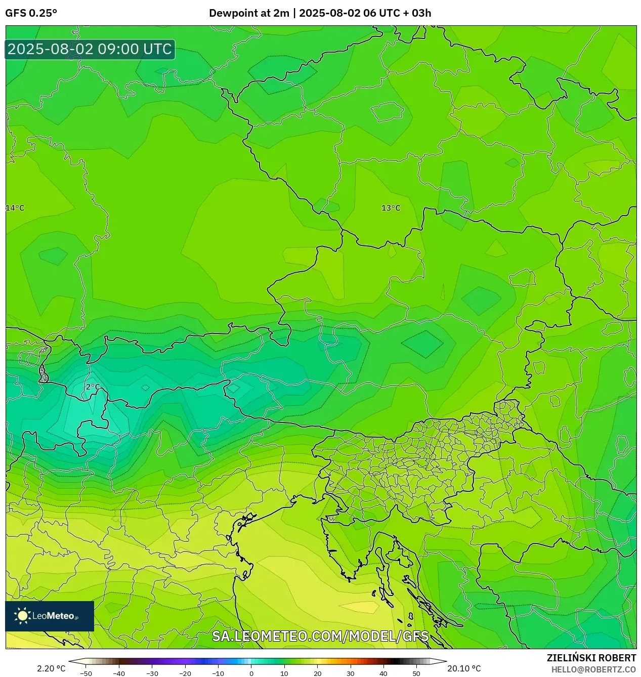 GFS model - Austria, Titik Embun 2 m GFS model - Austria, Titik Embun 2 m