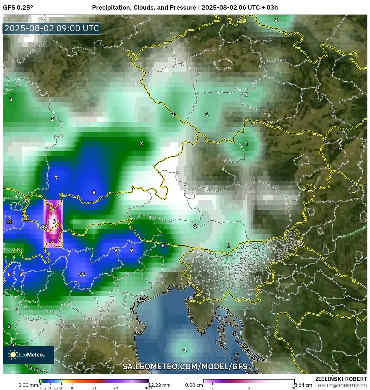 GFS model - Austria, Curah Hujan, Awan, dan Tekanan GFS model - Austria, Curah Hujan, Awan, dan Tekanan