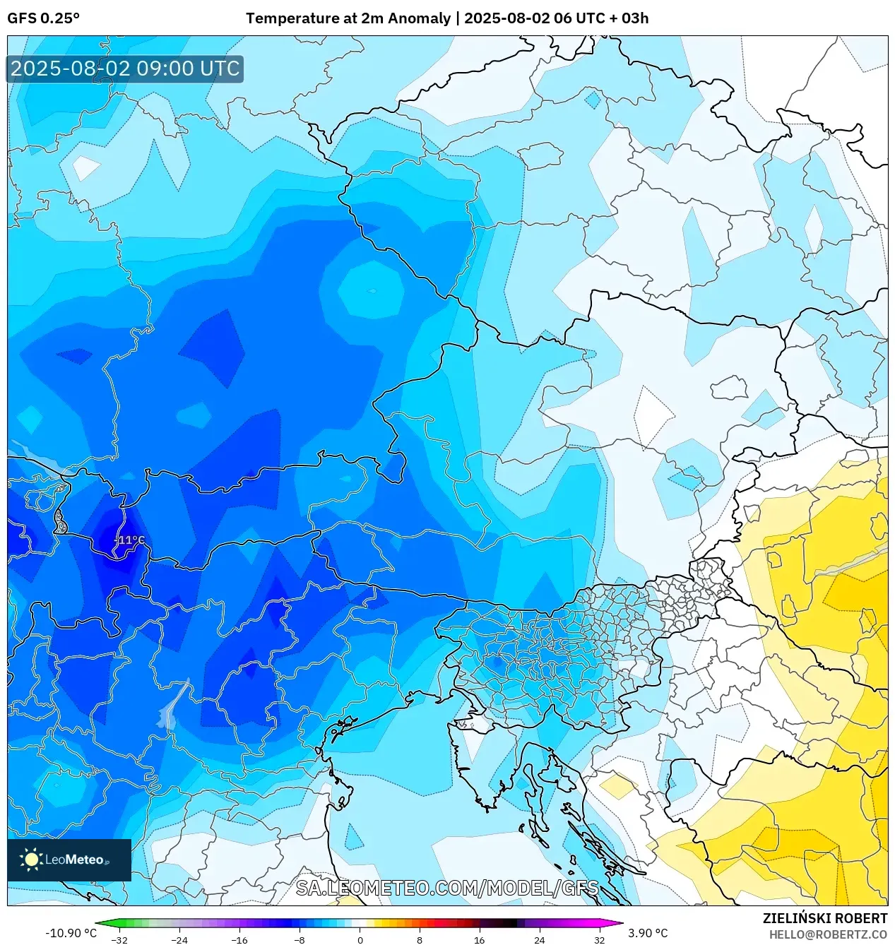 GFS model - Austria, Anomali Suhu 2 m GFS model - Austria, Anomali Suhu 2 m