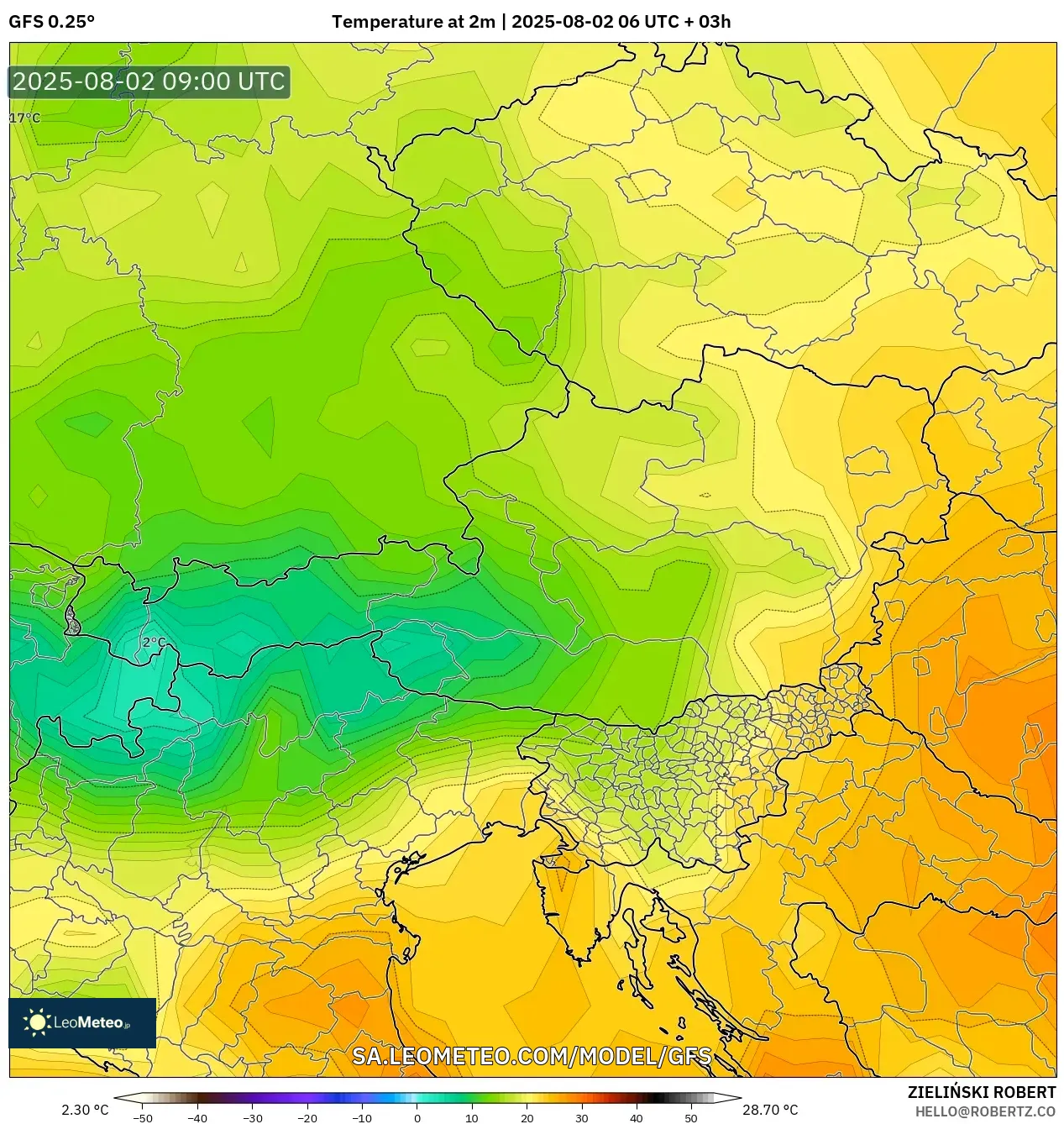 GFS model - Austria, Suhu pada 2 m GFS model - Austria, Suhu pada 2 m