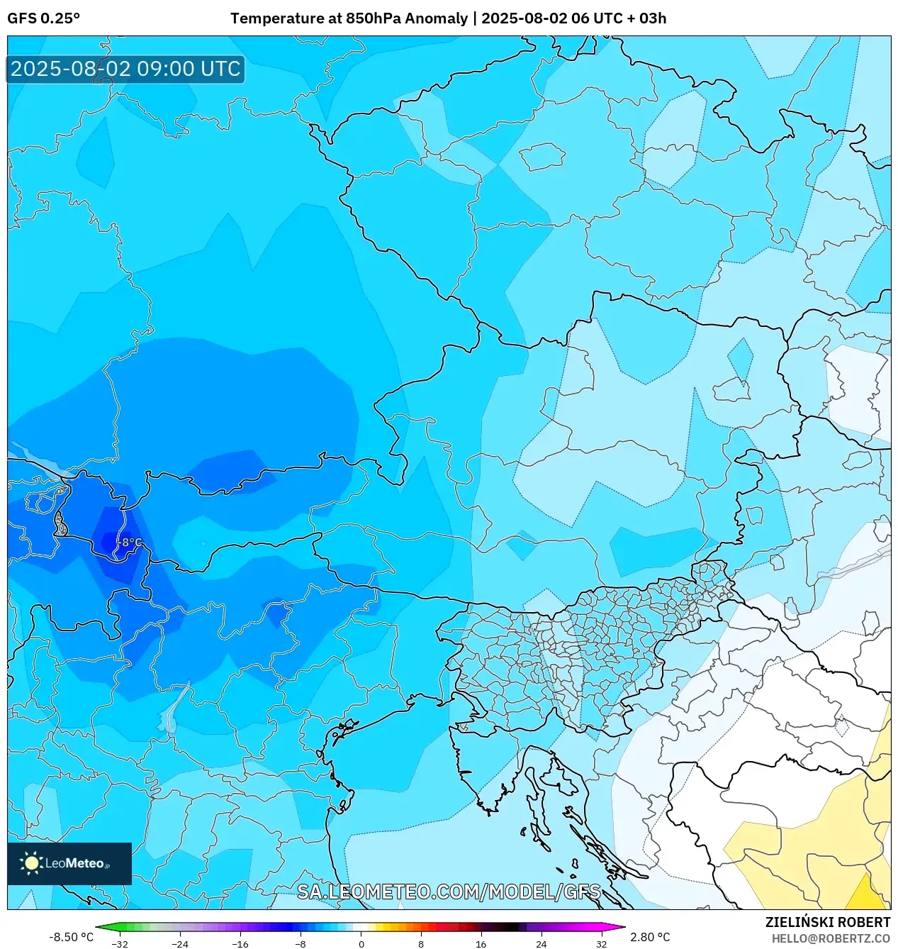 GFS model - Austria, Anomali Suhu 850 hPa