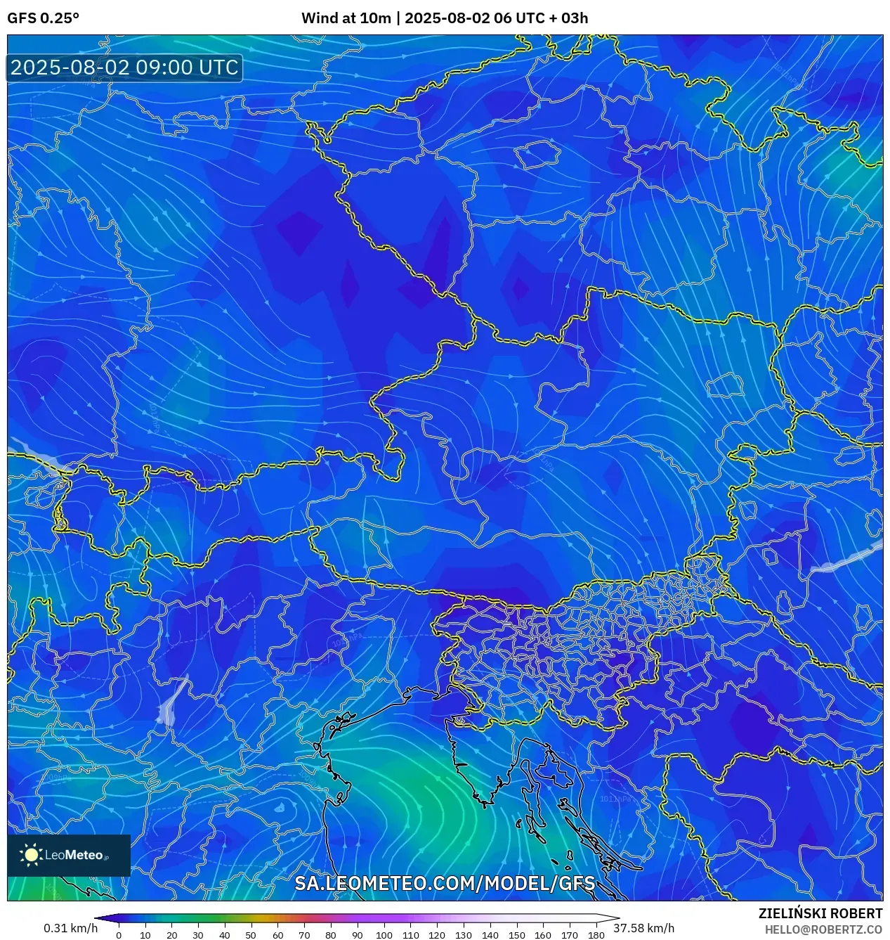 GFS model - Austria, Angin 10 m