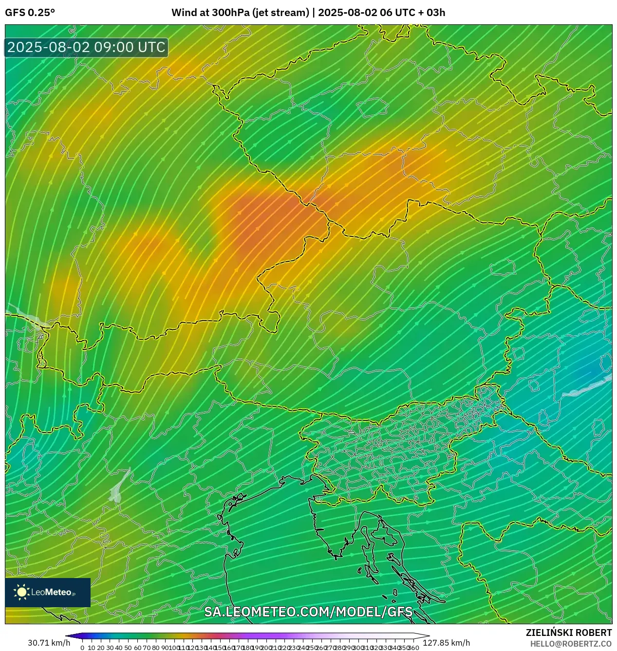 GFS model - Austria, Angin 300 hPa (aliran jet) GFS model - Austria, Angin 300 hPa (aliran jet)