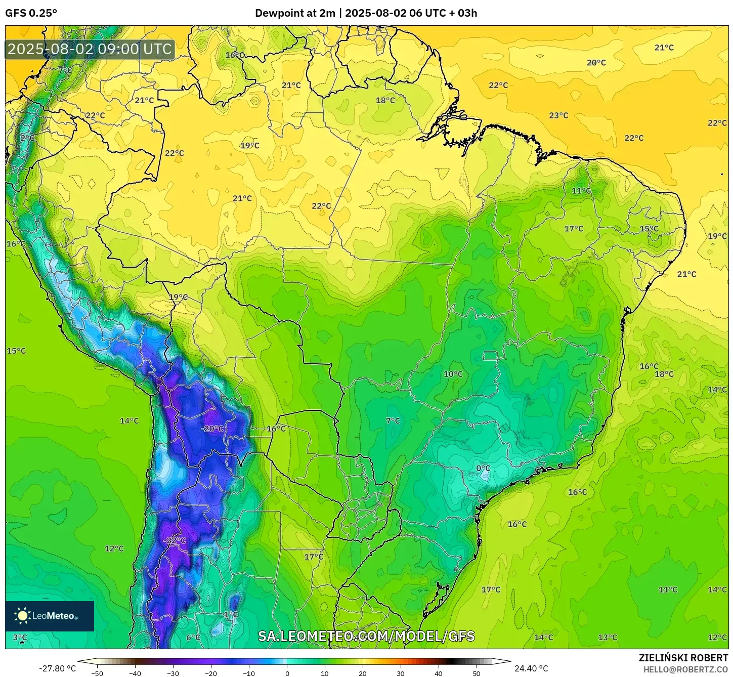 GFS model - Brazil, Takat Embun 2 m GFS model - Brazil, Takat Embun 2 m