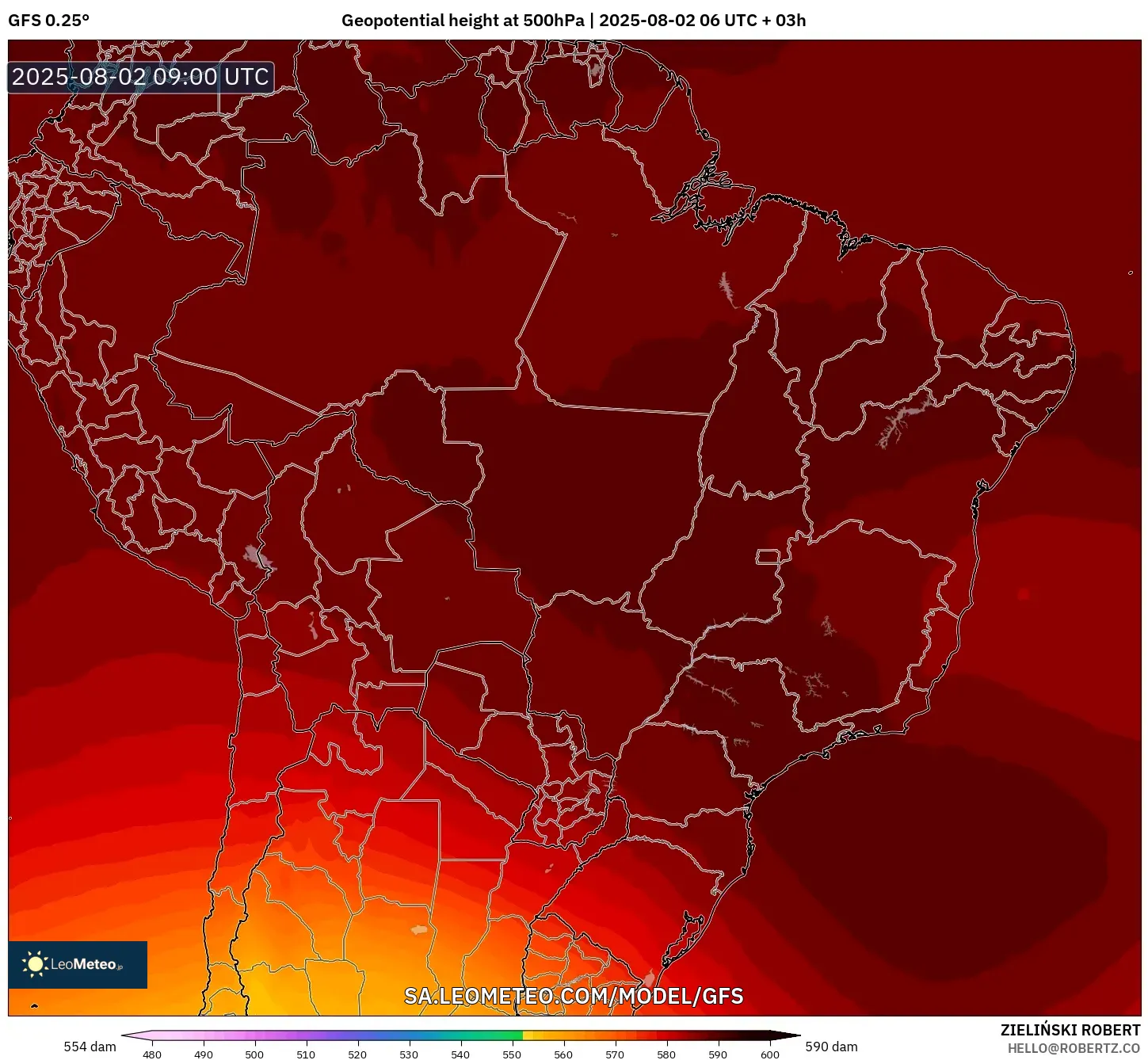 GFS model - Brazil, Ketinggian geopotensial pada 500 hPa GFS model - Brazil, Ketinggian geopotensial pada 500 hPa
