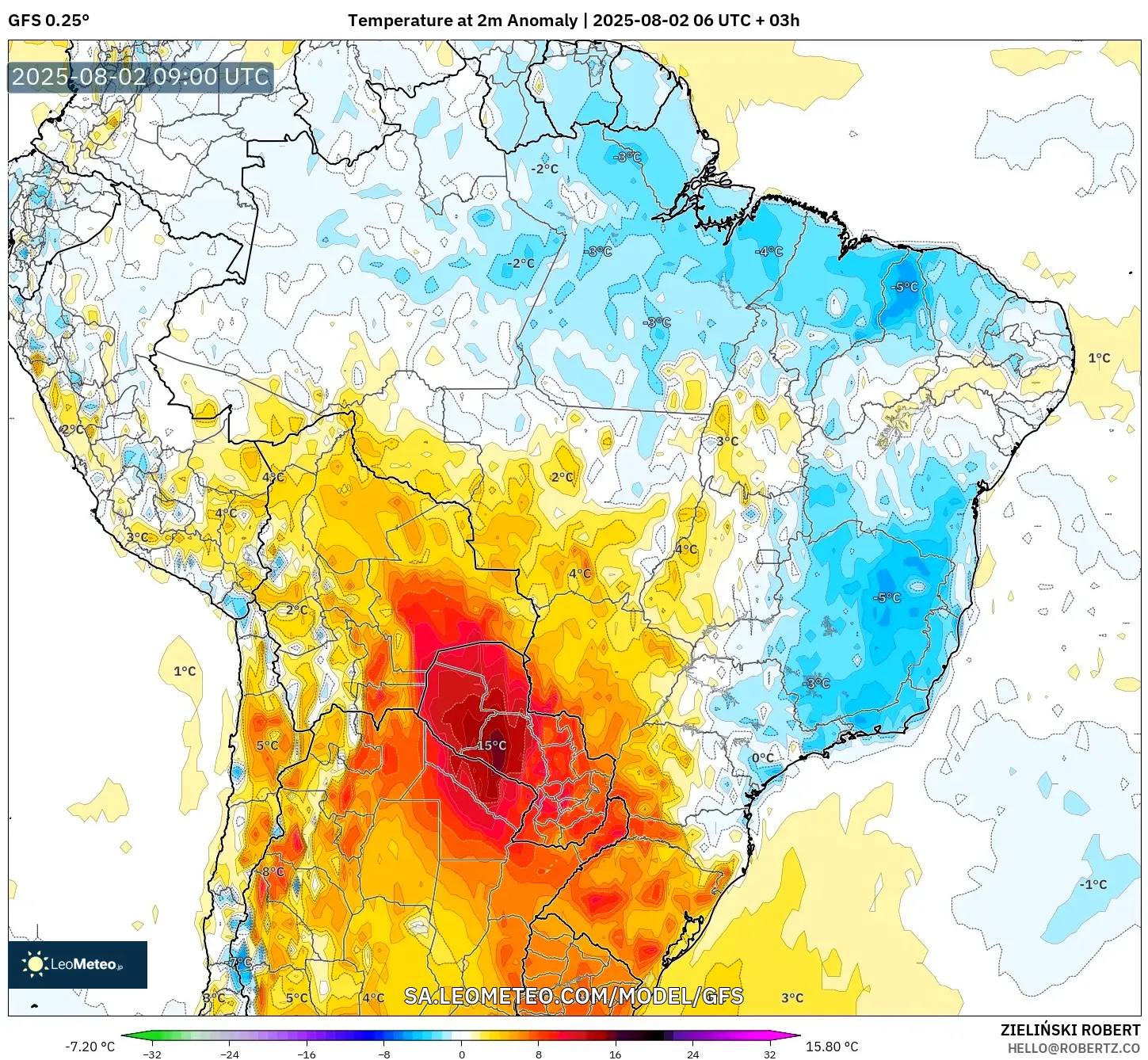 GFS model - Brazil, Anomali Suhu 2 m GFS model - Brazil, Anomali Suhu 2 m