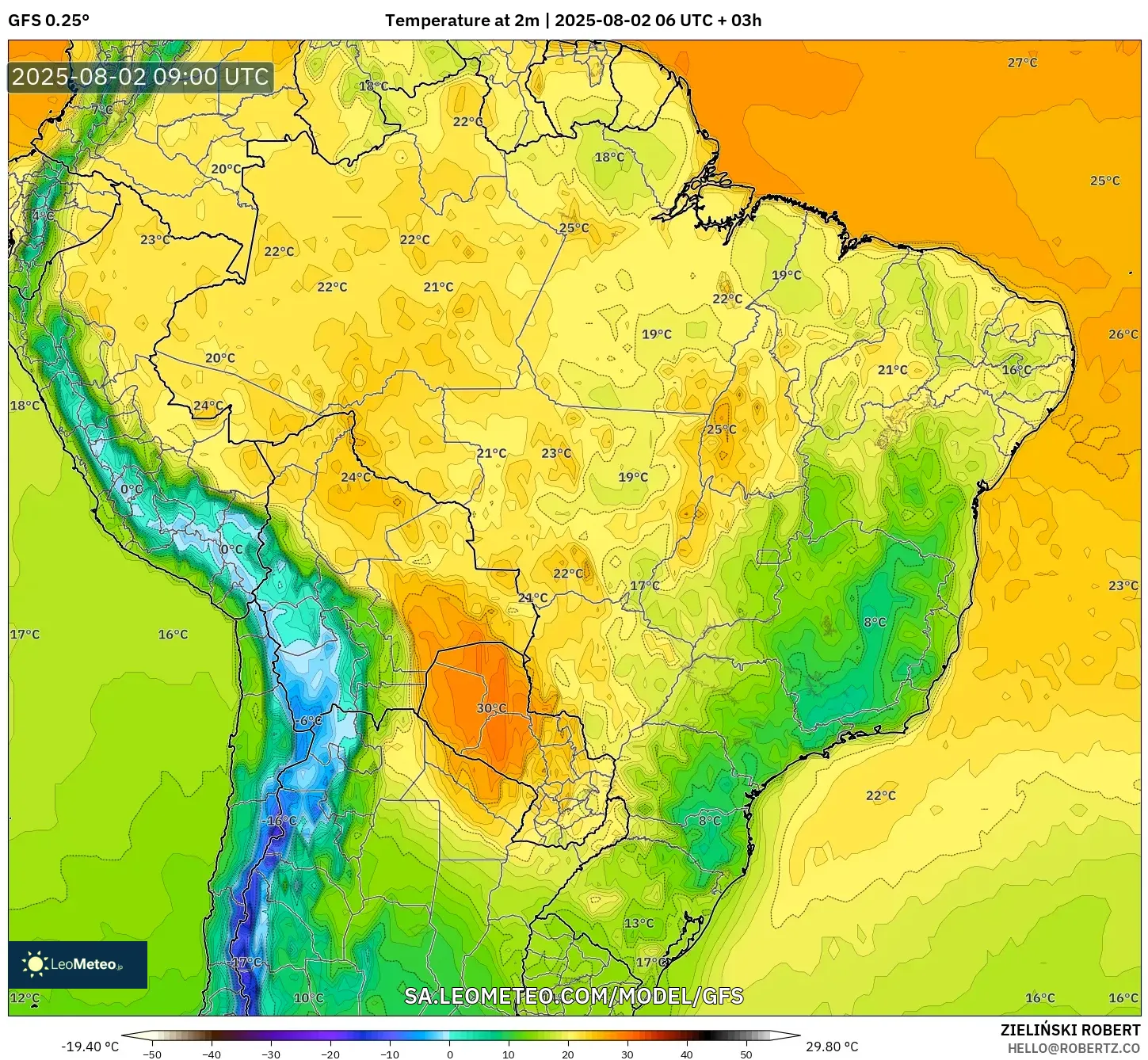 GFS model - Brazil, Suhu pada 2 m GFS model - Brazil, Suhu pada 2 m