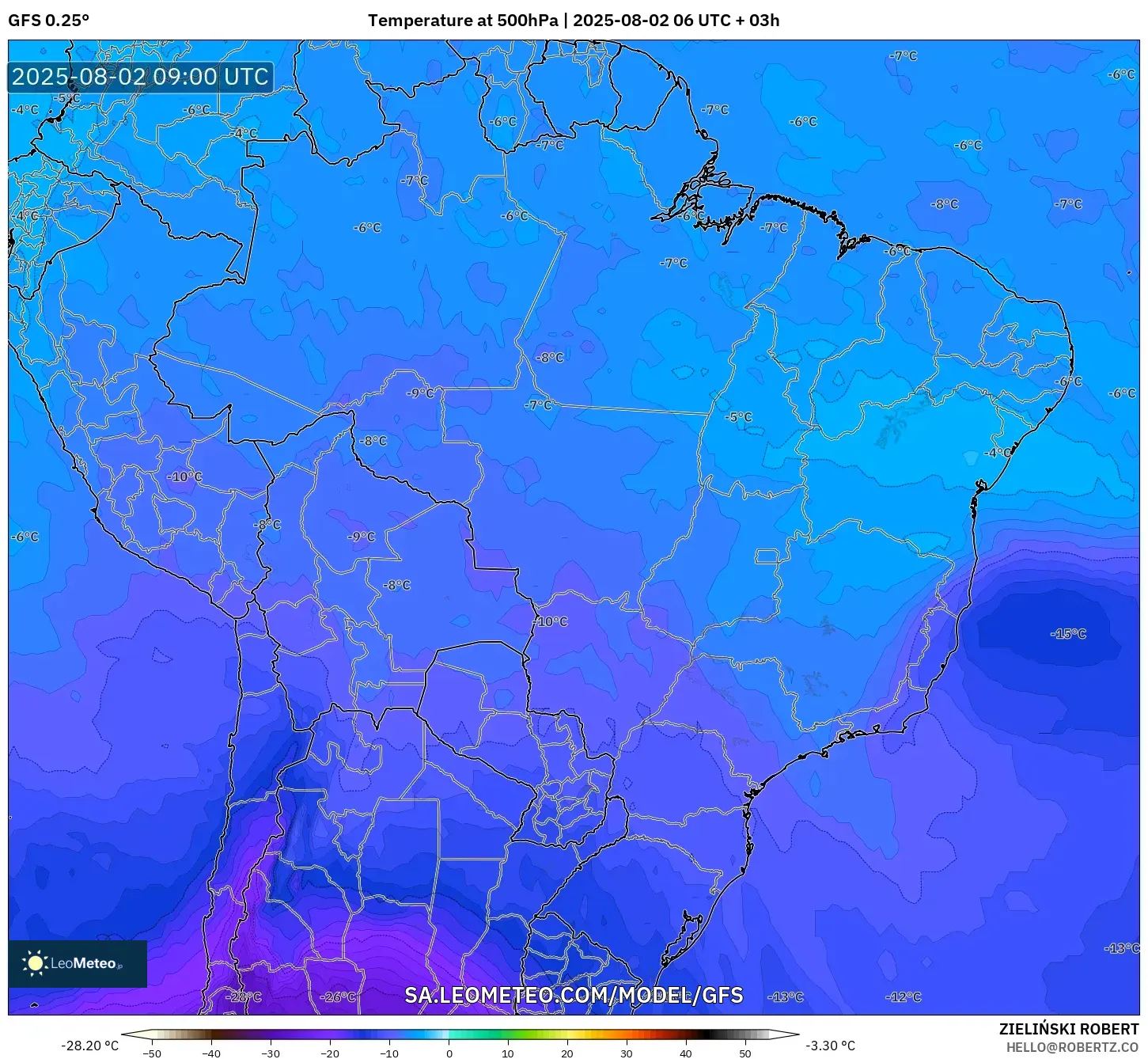 GFS model - Brazil, Suhu 500 hPa