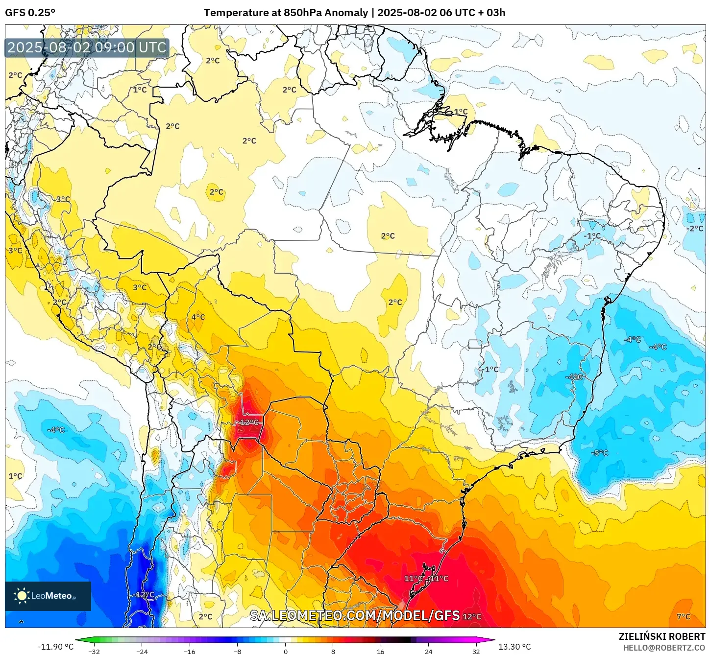 GFS model - Brasil, Anomali Suhu 850 hPa GFS model - Brasil, Anomali Suhu 850 hPa